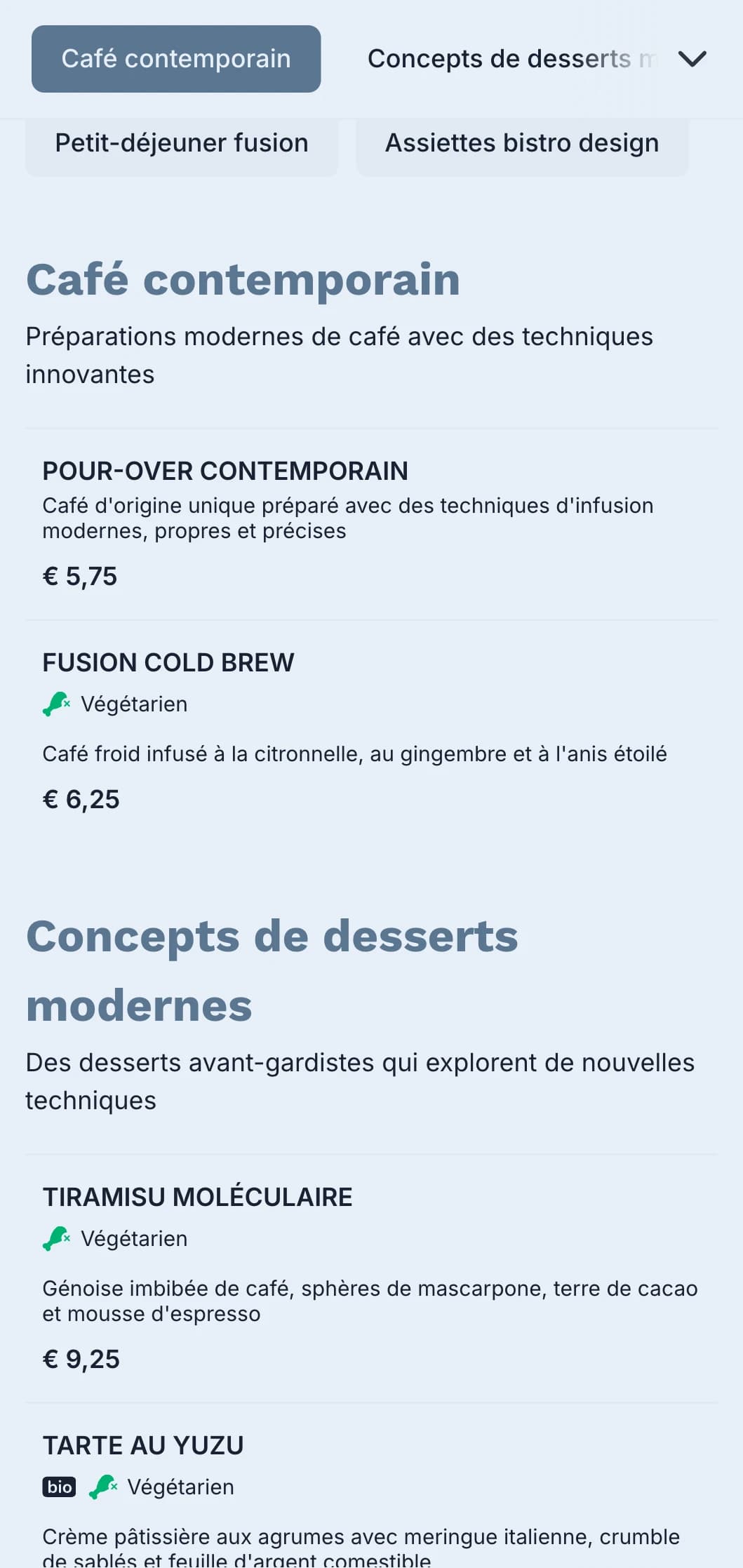 Design contemporain épuré aux accents sarcelle pour les bistrots modernes et les cafés fusion.