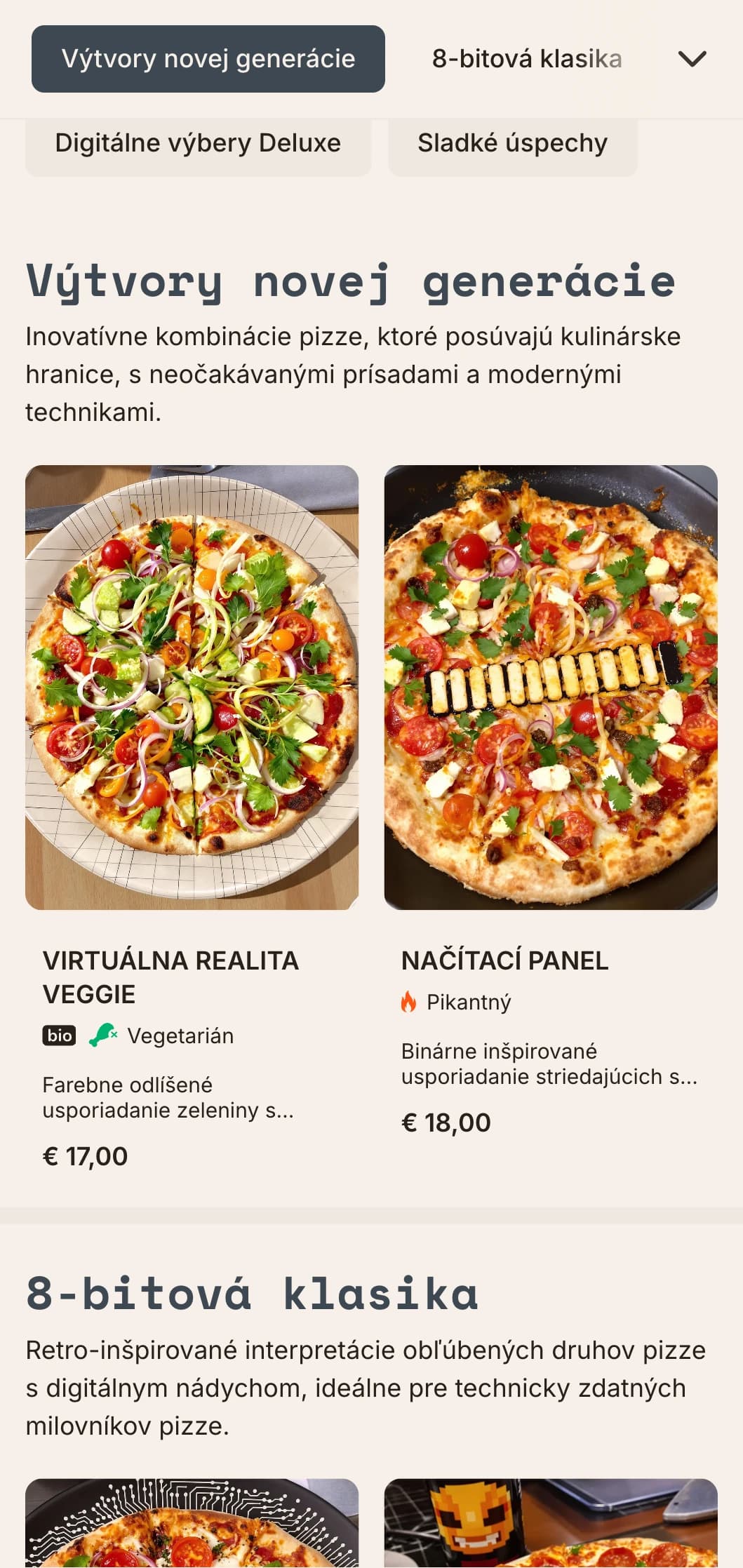 Moderné menu pizze inšpirované technológiami s digitálnou estetikou pre inovatívne koncepty pizze.