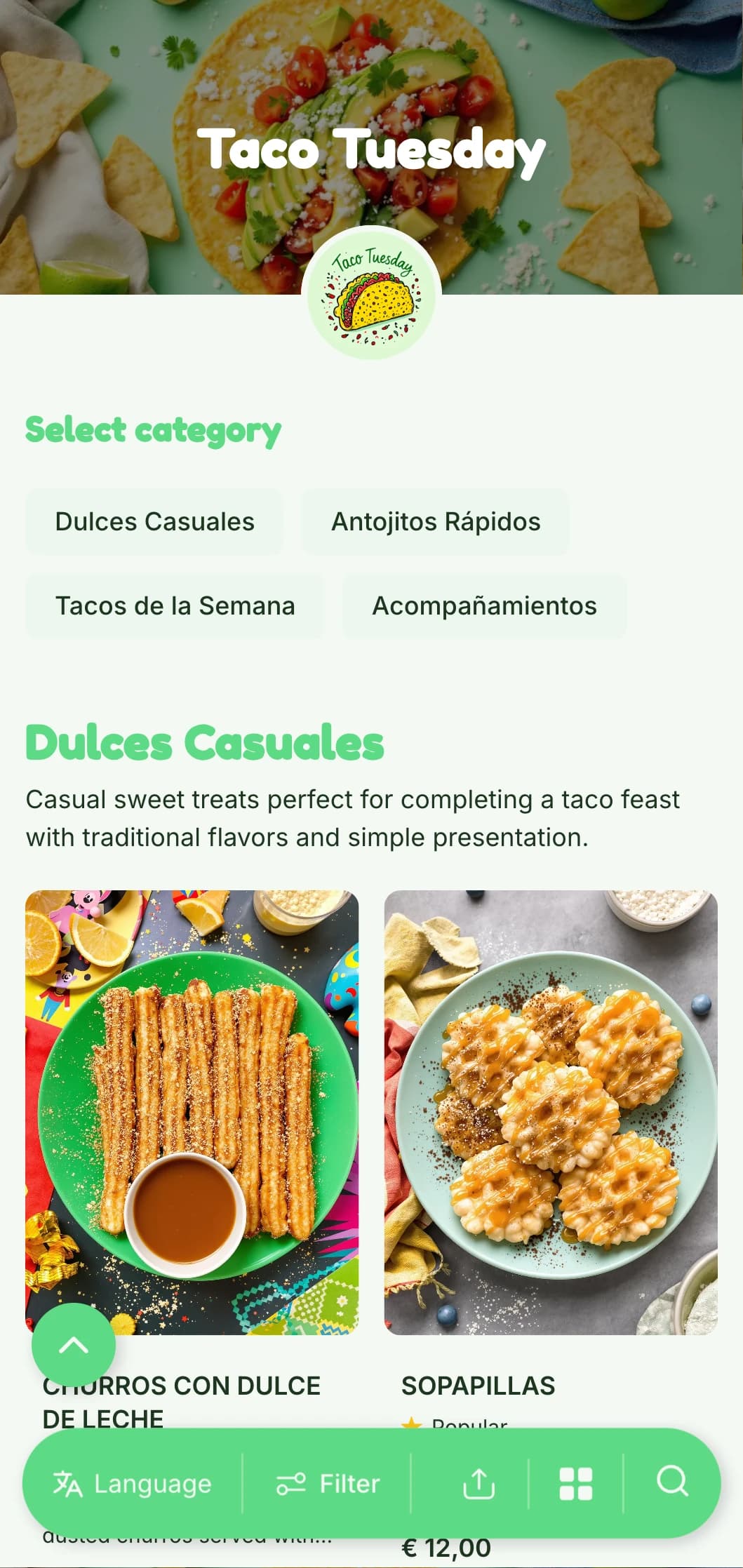 Fun and casual taco-focused menu featuring bright green accents, playful illustrations, and creative taco variations for weekday specials.
