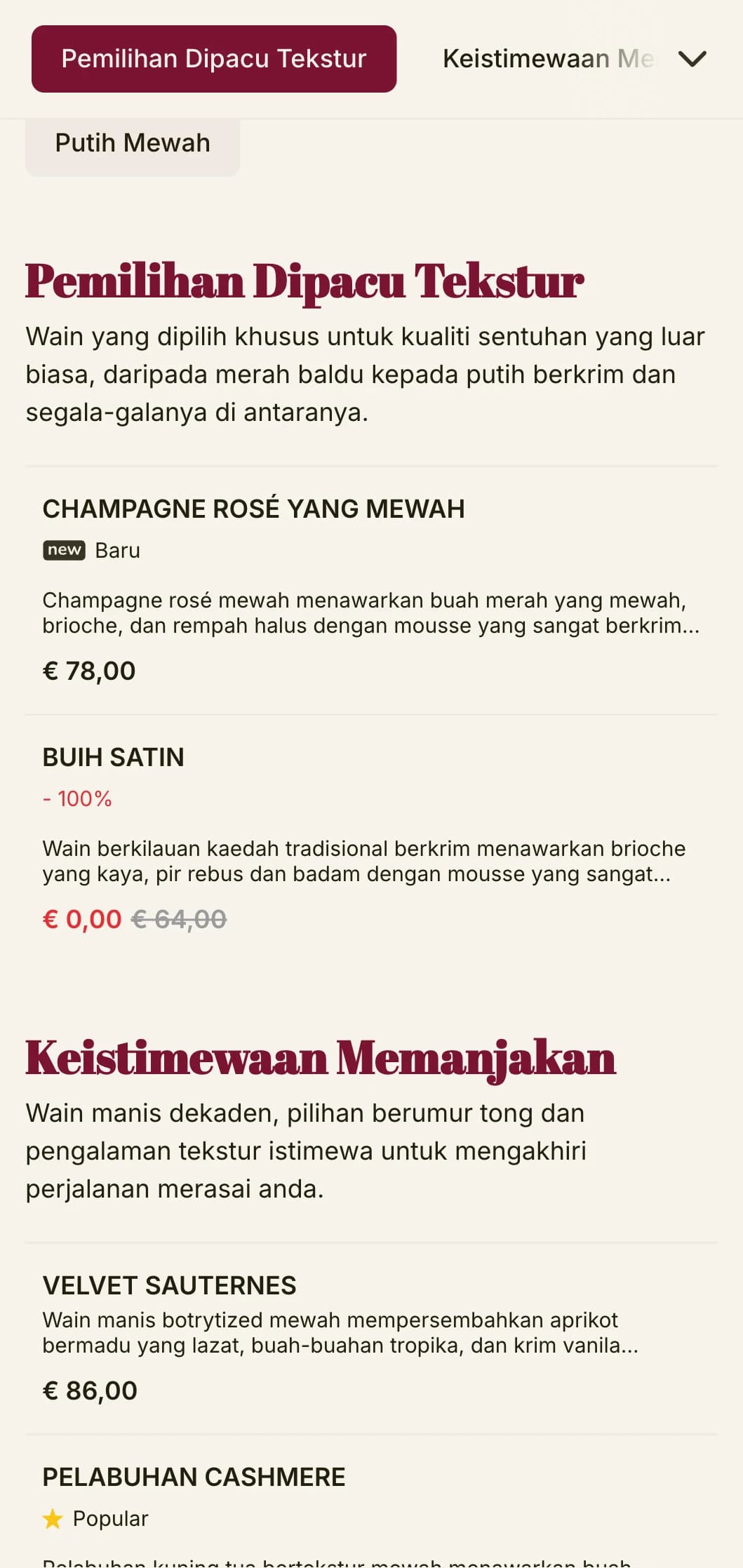 Templat senarai wain yang sangat mewah dengan aksen merah pekat dan tipografi yang canggih, sesuai untuk ruang istirahat wain kelas atas dan tempat malam.