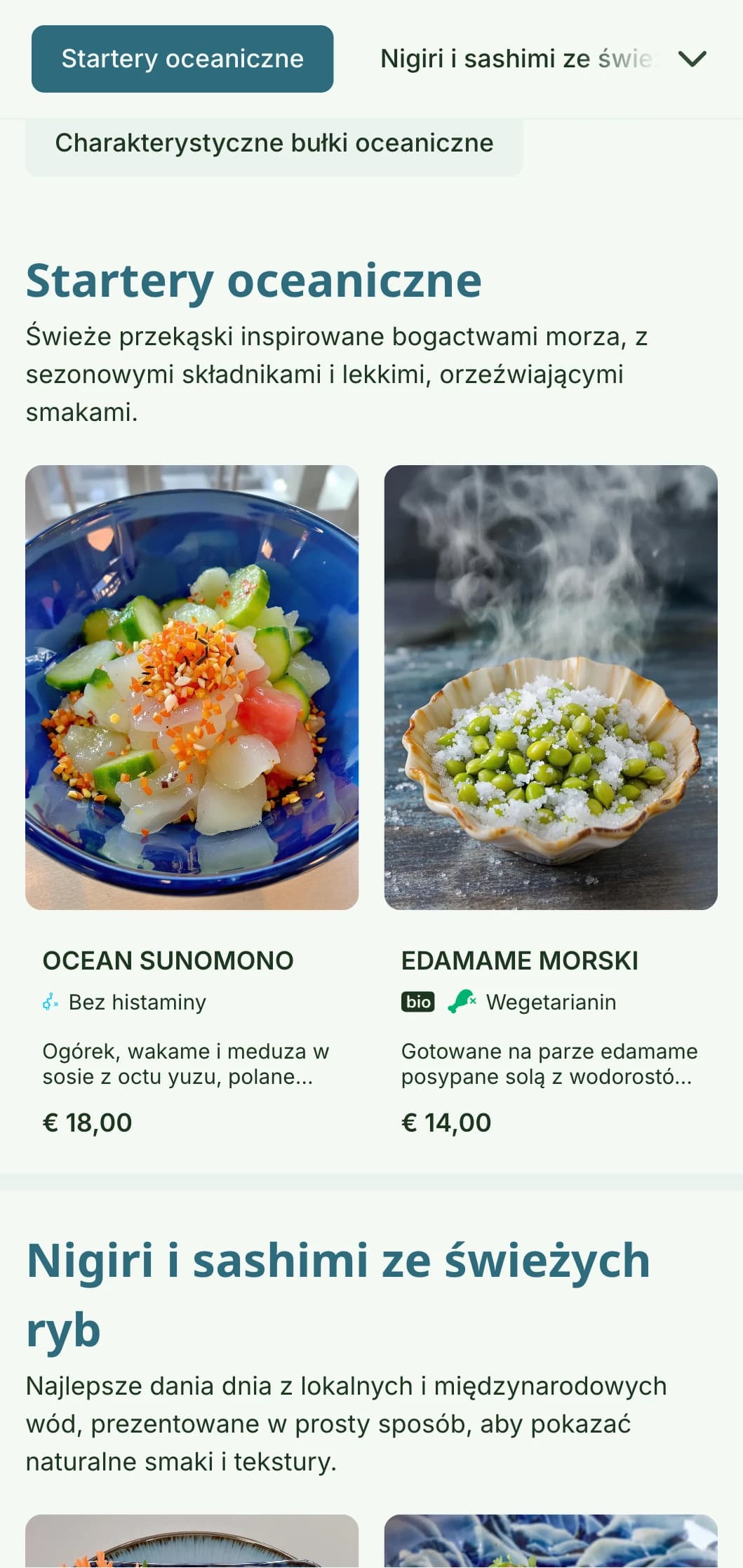 Świeży i żywy projekt menu sushi inspirowany kolorami oceanu, z uspokajającą niebieską paletą idealną dla lokali koncentrujących się na owocach morza.