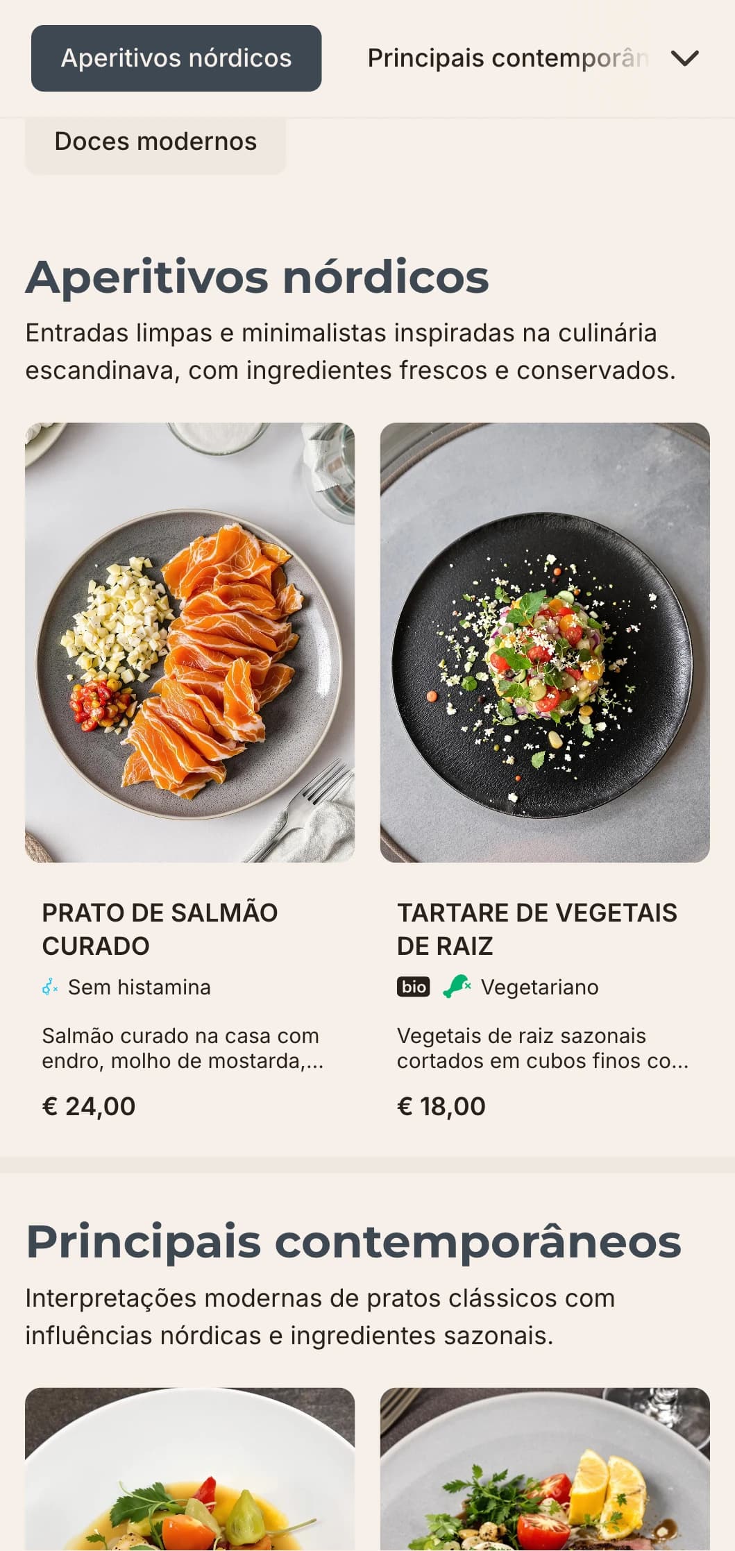 Um design limpo e minimalista de cardápio de jantar com influências escandinavas, com amplo espaço em branco e elementos geométricos, ideal para estabelecimentos gastronômicos contemporâneos.
