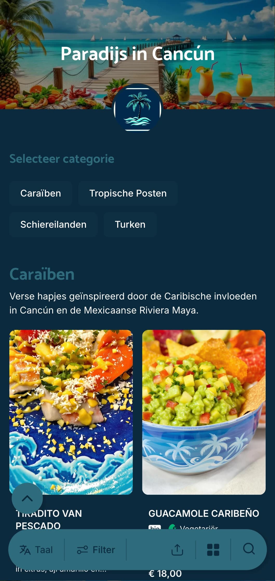 Helder en verfrissend Cancún resortmenu met turquoise wateraccenten, gerechten aan het strand en gerechten geïnspireerd op de vakantie.
