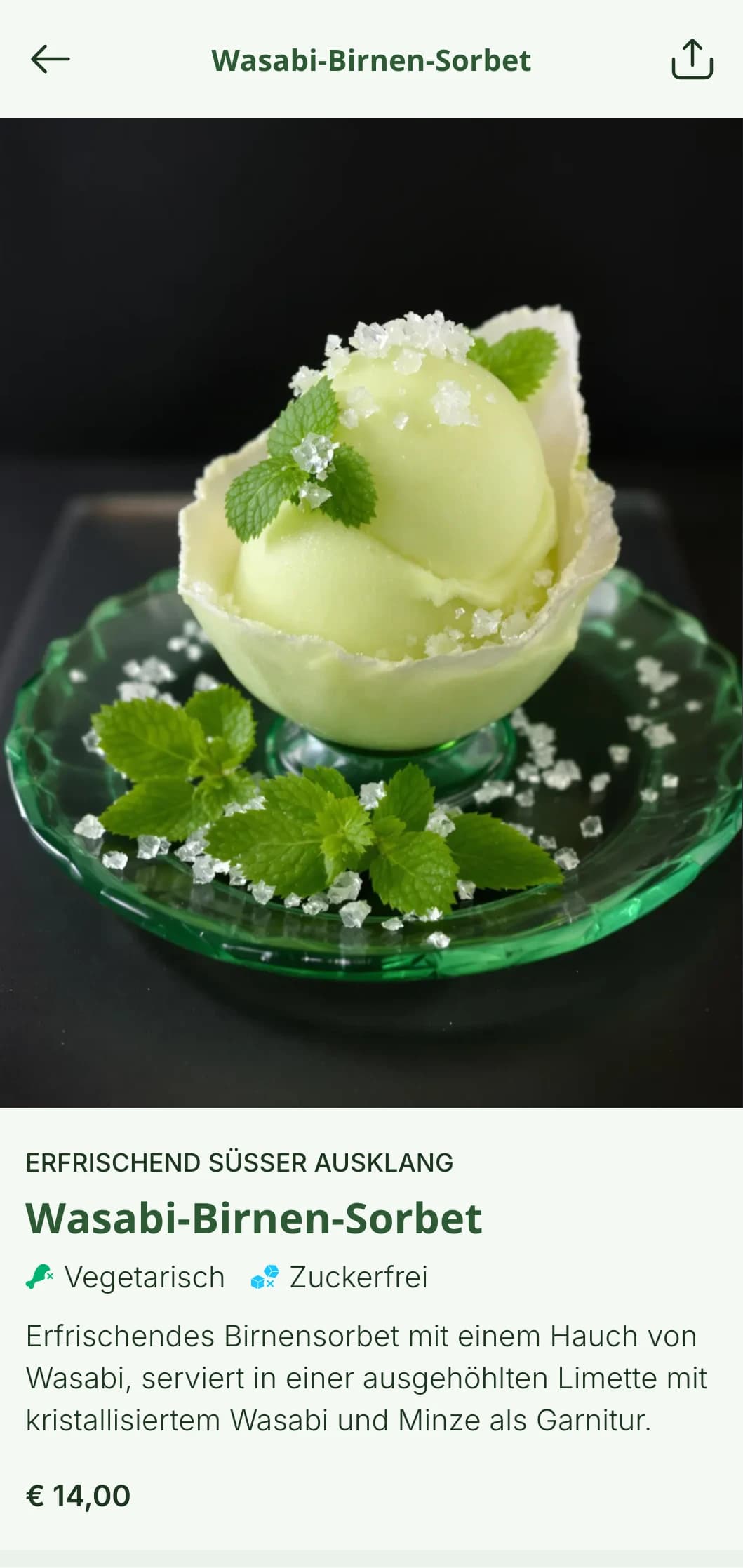 Ein helles, frisches Sushi-Menü mit Schwerpunkt auf leuchtend grünen Wasabi-Farben und klarem Design für gesundheitsbewusste Einrichtungen.