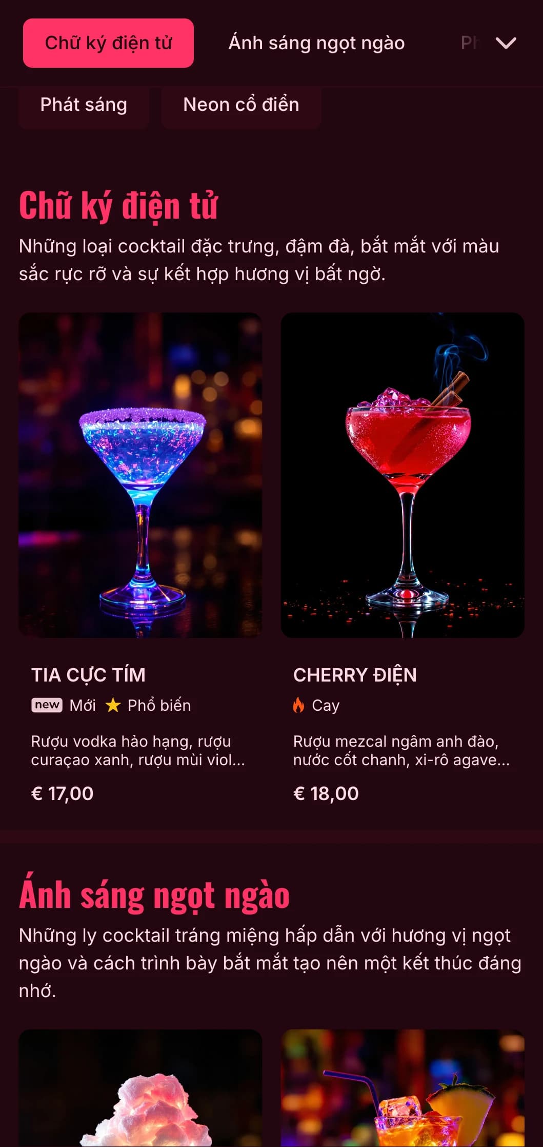 Thiết kế thực đơn táo bạo, sống động lấy cảm hứng từ cuộc sống về đêm rực rỡ ánh đèn neon, hoàn hảo cho các quán bar cocktail và hộp đêm hiện đại.