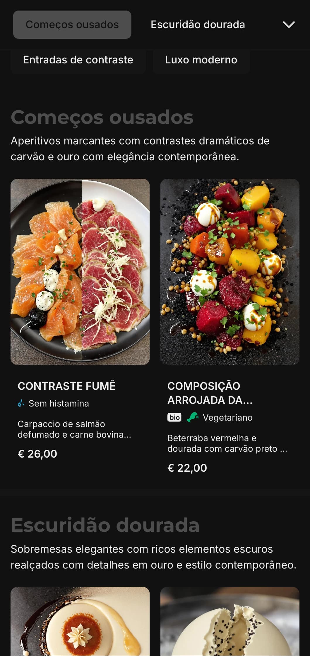 Conceito contemporâneo arrojado que combina tons profundos de carvão com luxuosos detalhes em dourado.
