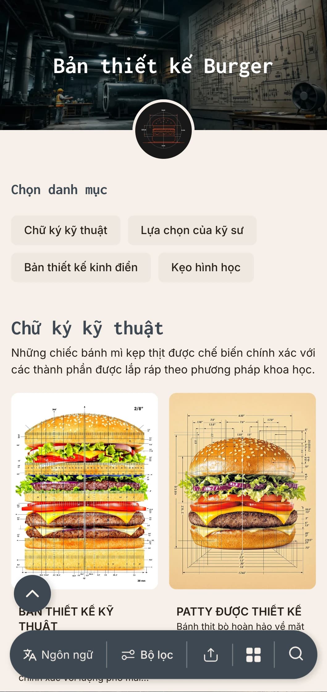 Bản vẽ kỹ thuật lấy cảm hứng từ ý tưởng bánh mì kẹp thịt với độ chính xác và các yếu tố kiến trúc.
