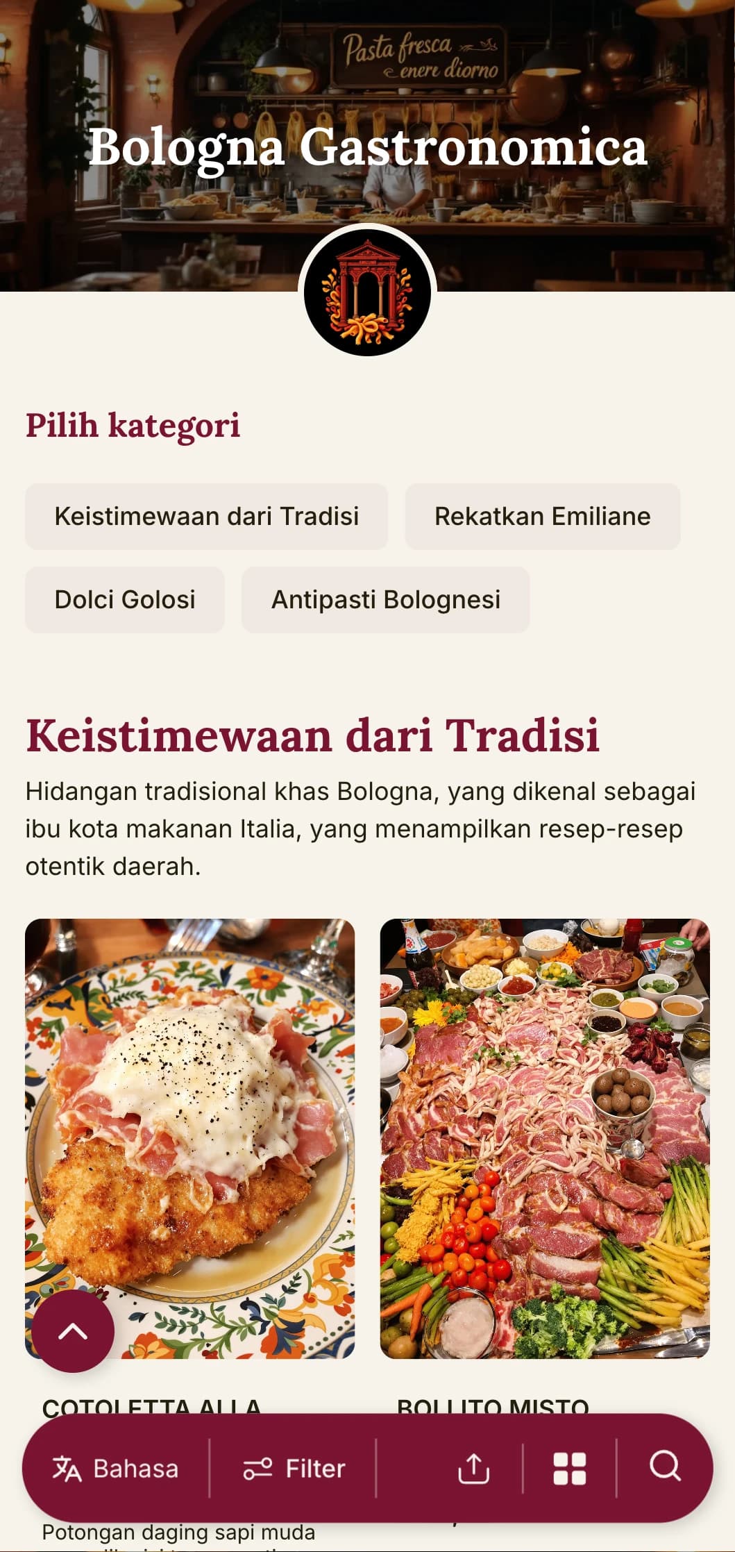 Desain yang kaya dan menarik dengan warna merah tua dan elemen tradisional yang merayakan reputasi Bologna sebagai ibu kota makanan Italia.