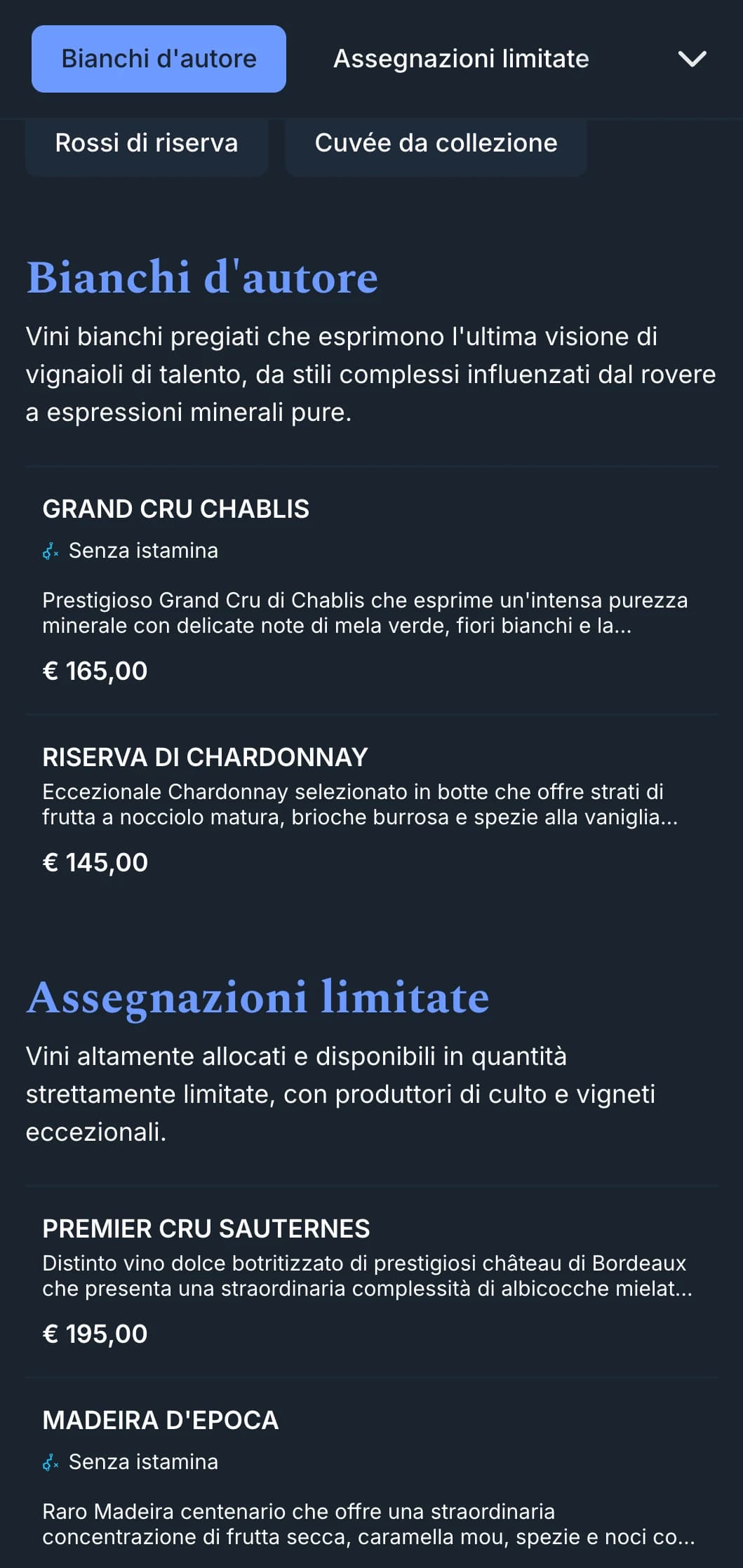 Modello di carta dei vini estremamente sofisticato, con accenti blu su sfondi blu, ideale per enoteche e locali di alto livello.