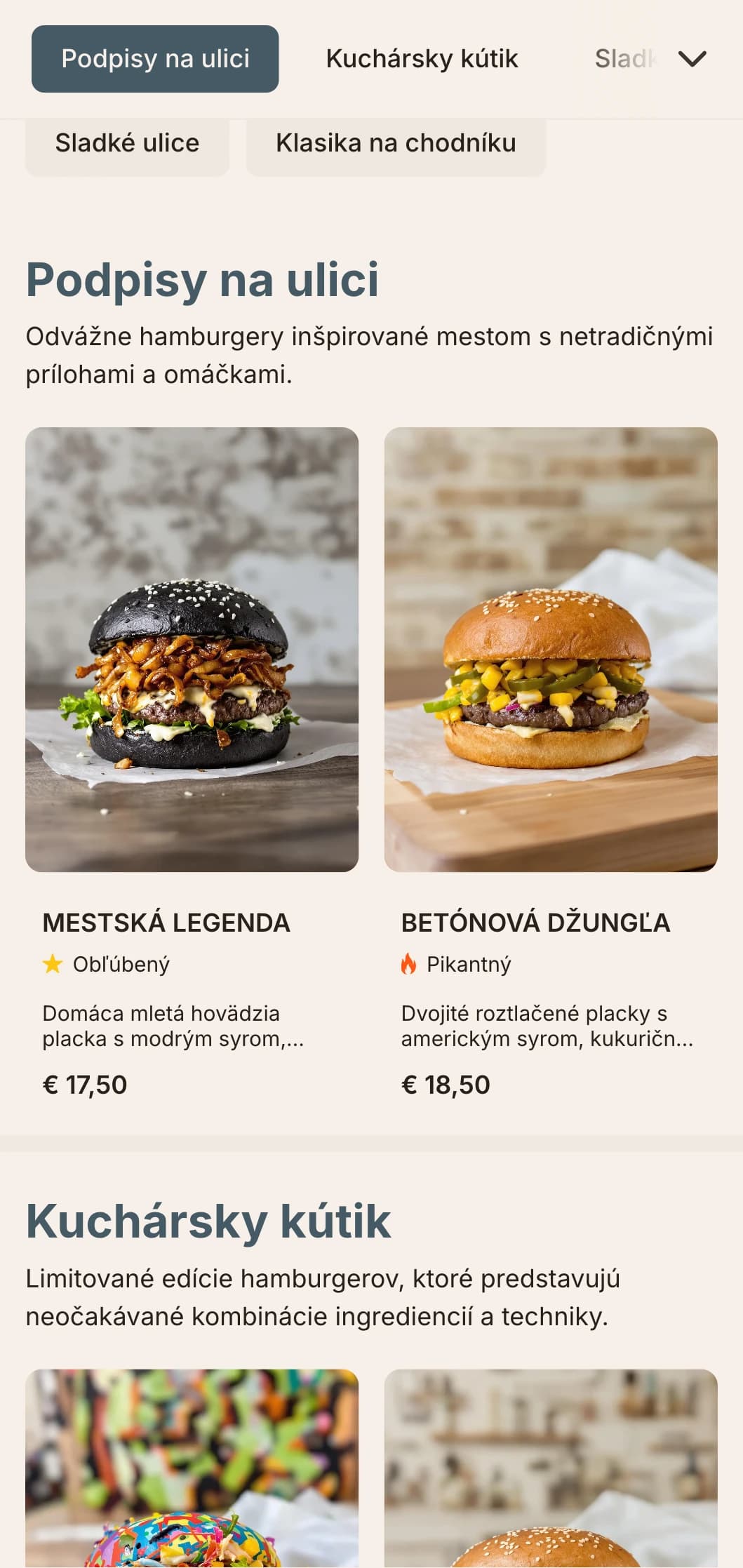 Dizajn inšpirovaný mestským street foodom s výraznými kontrastmi a prvkami pouličného umenia pre súčasný neformálny zážitok z hamburgerov.