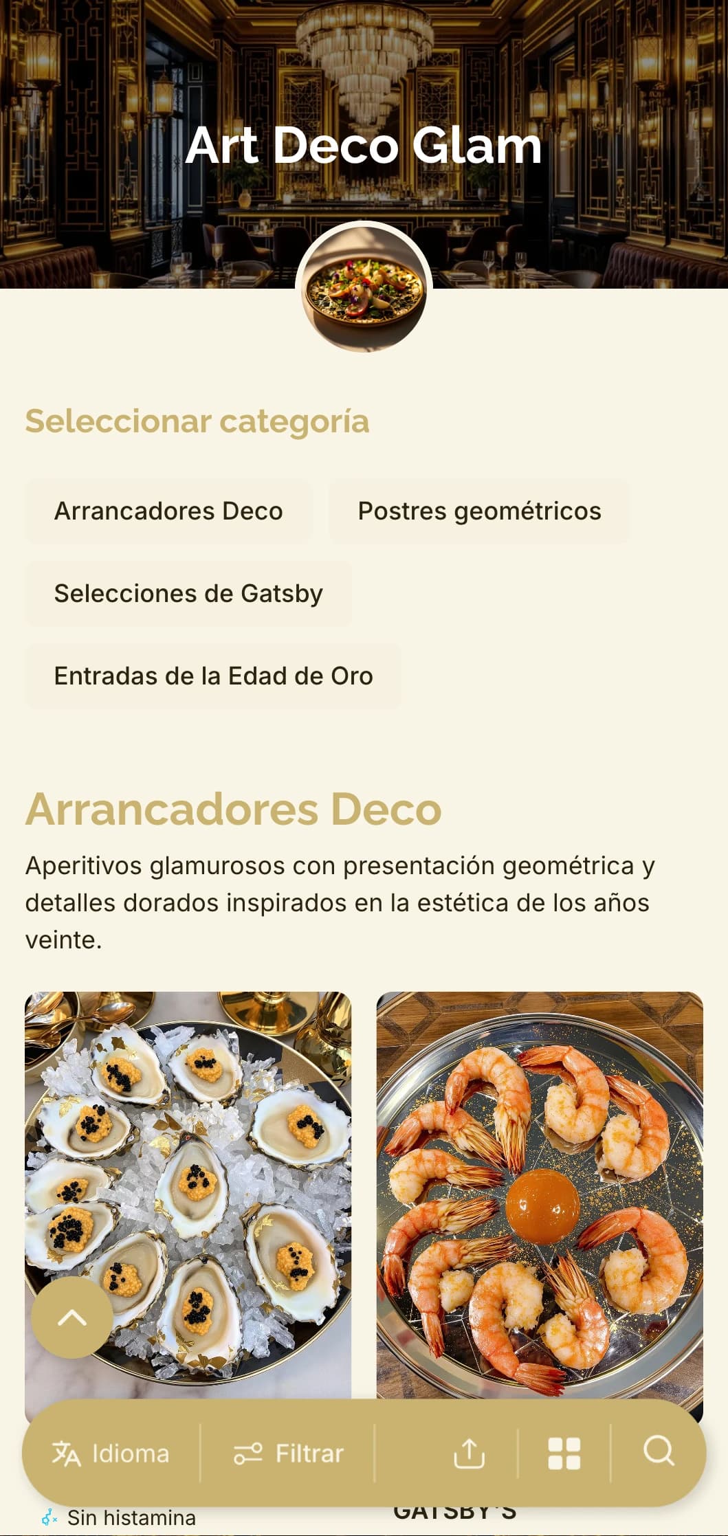 Diseño glamuroso inspirado en los años 20 con motivos geométricos y toques dorados para una experiencia gastronómica atemporal y contemporánea a la vez.