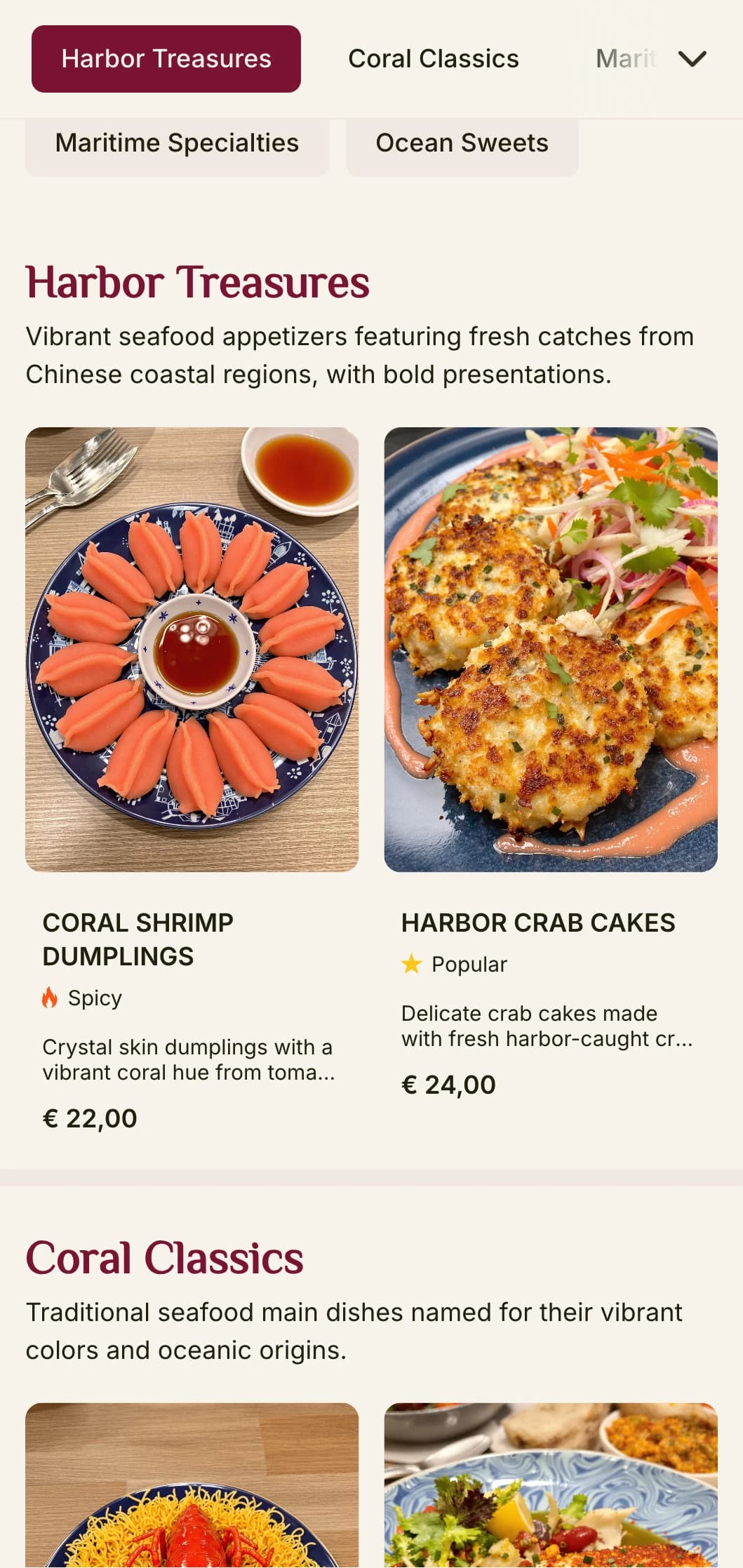 Vibrant Chinese menu design inspired by coral and harbor aesthetics, with bold colors for seafood restaurants.
