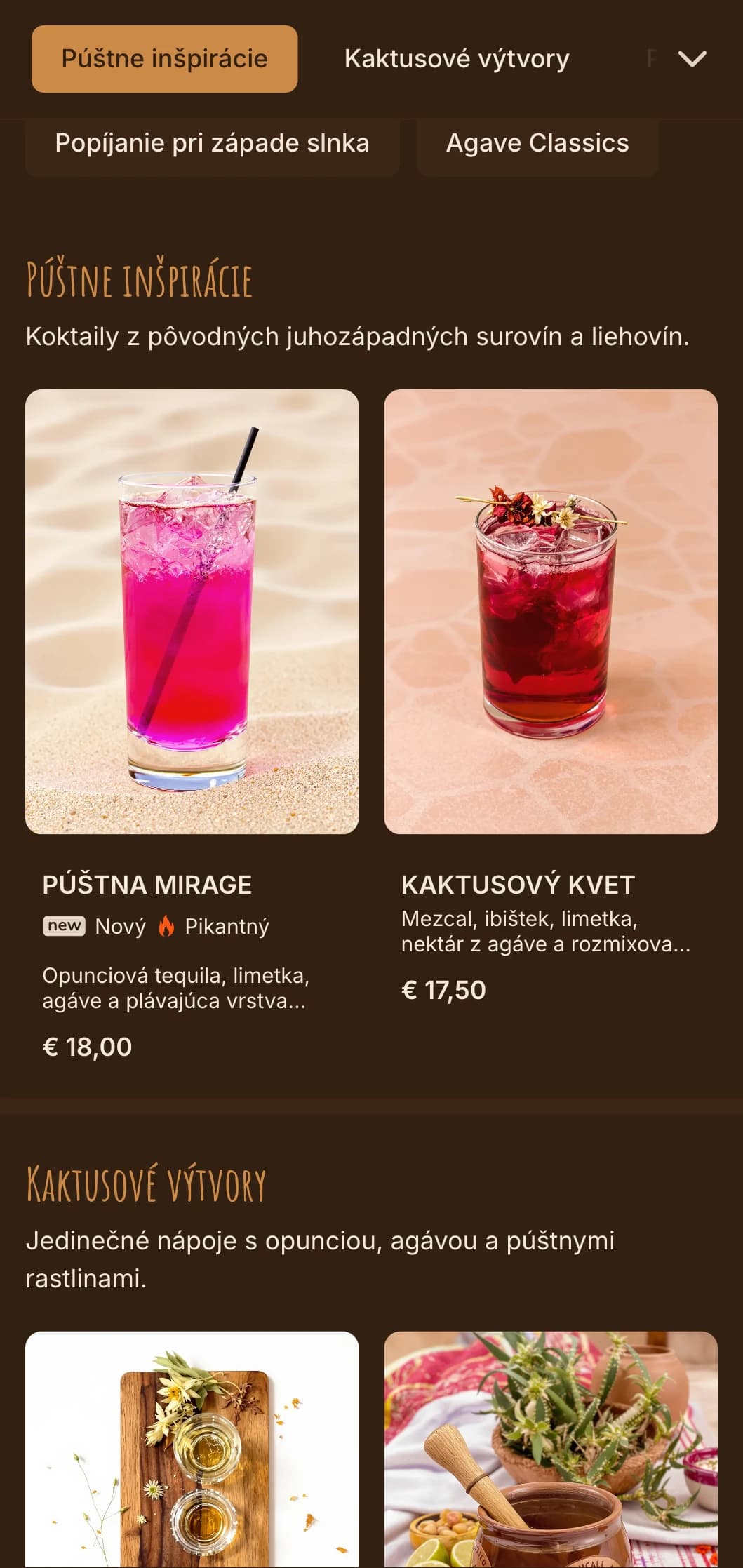 Teplá paleta inšpirovaná púšťou s juhozápadnými motívmi pre bary s tequilou a mezcalom.