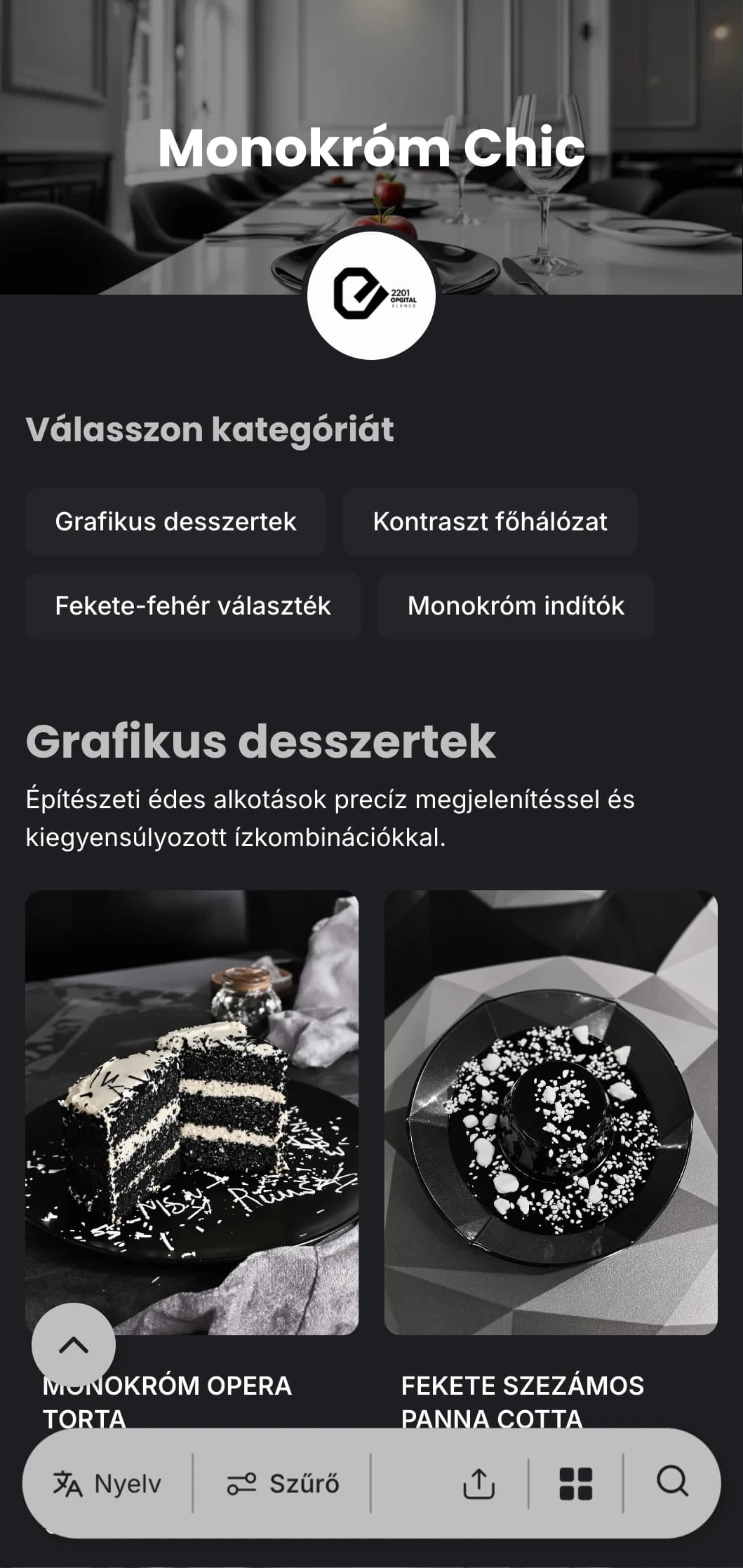 Kifinomult fekete-fehér vacsora menü, merész tipográfiával és letisztult vonalakkal, kortárs fine dininghoz tervezve.