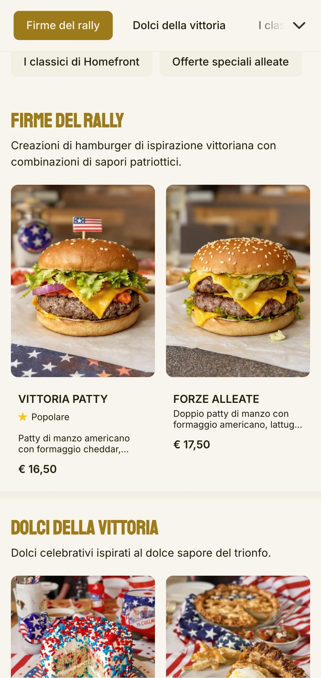 Mensa per hamburger ispirata alla Seconda Guerra Mondiale con giardino della vittoria ed elementi patriottici.