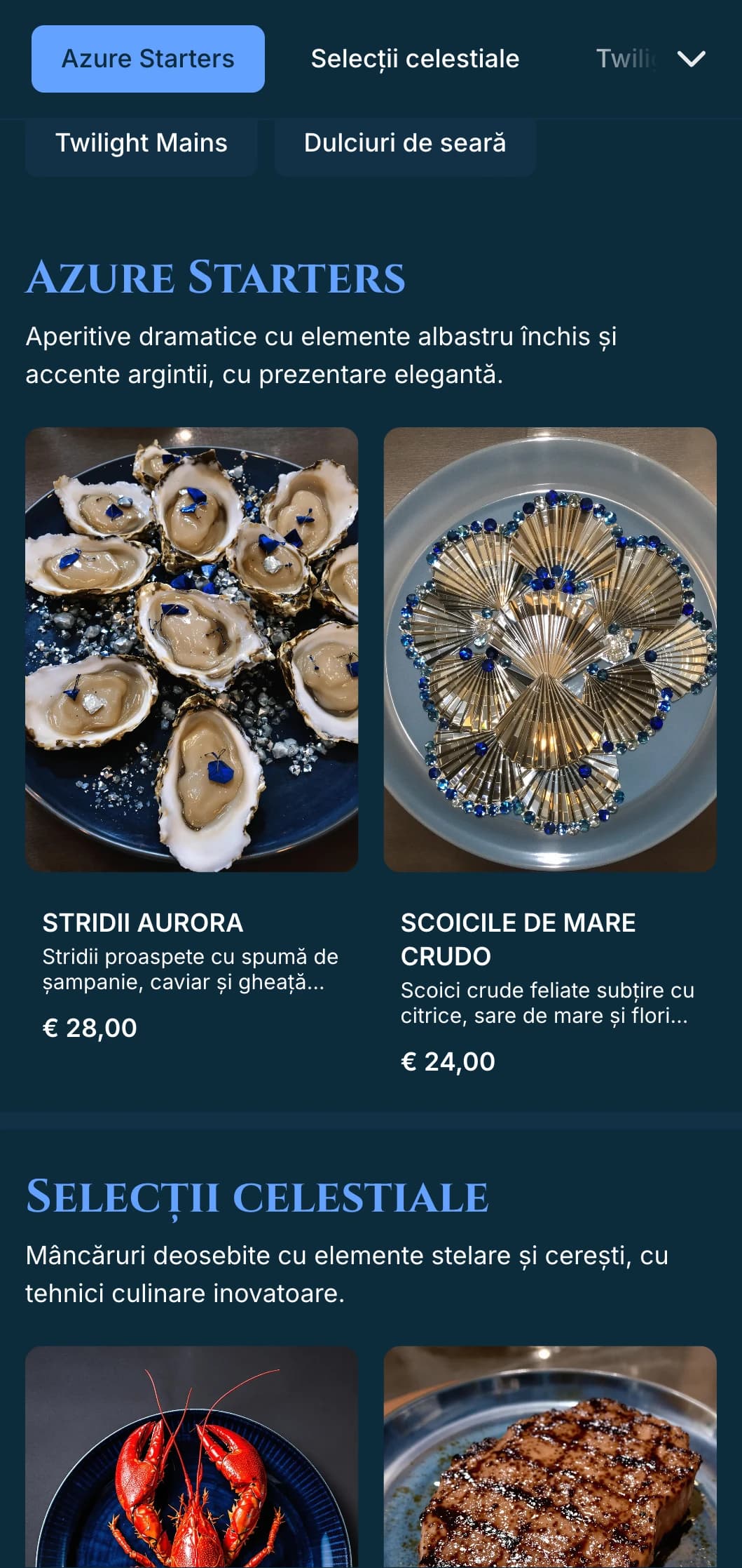 Un meniu de cină dramatic de un albastru intens, cu inspirație crepusculară și accente argintii, conceput pentru o cină de seară sofisticată.