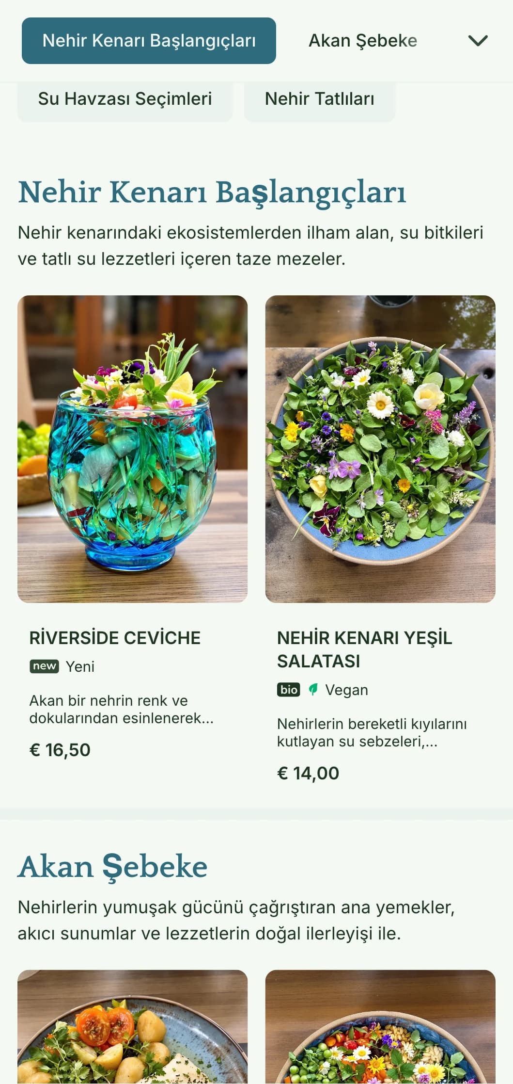 Akıcı öğeler ve soğuk tonlar içeren sakin, sudan ilham alan öğle yemeği menüsü tasarımı, nehir manzaralı veya suya bitişik restoranlar için mükemmeldir.