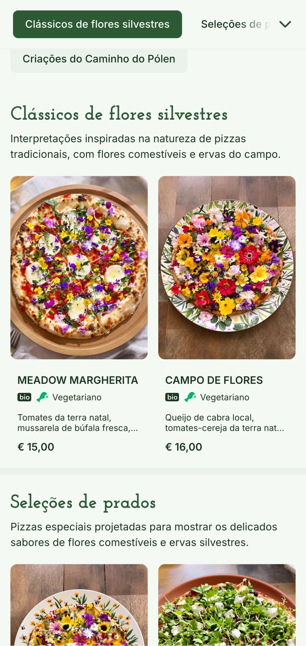 Menu de pizza inspirado em flores silvestres, com ênfase em ingredientes locais e forrageados e apresentação natural.