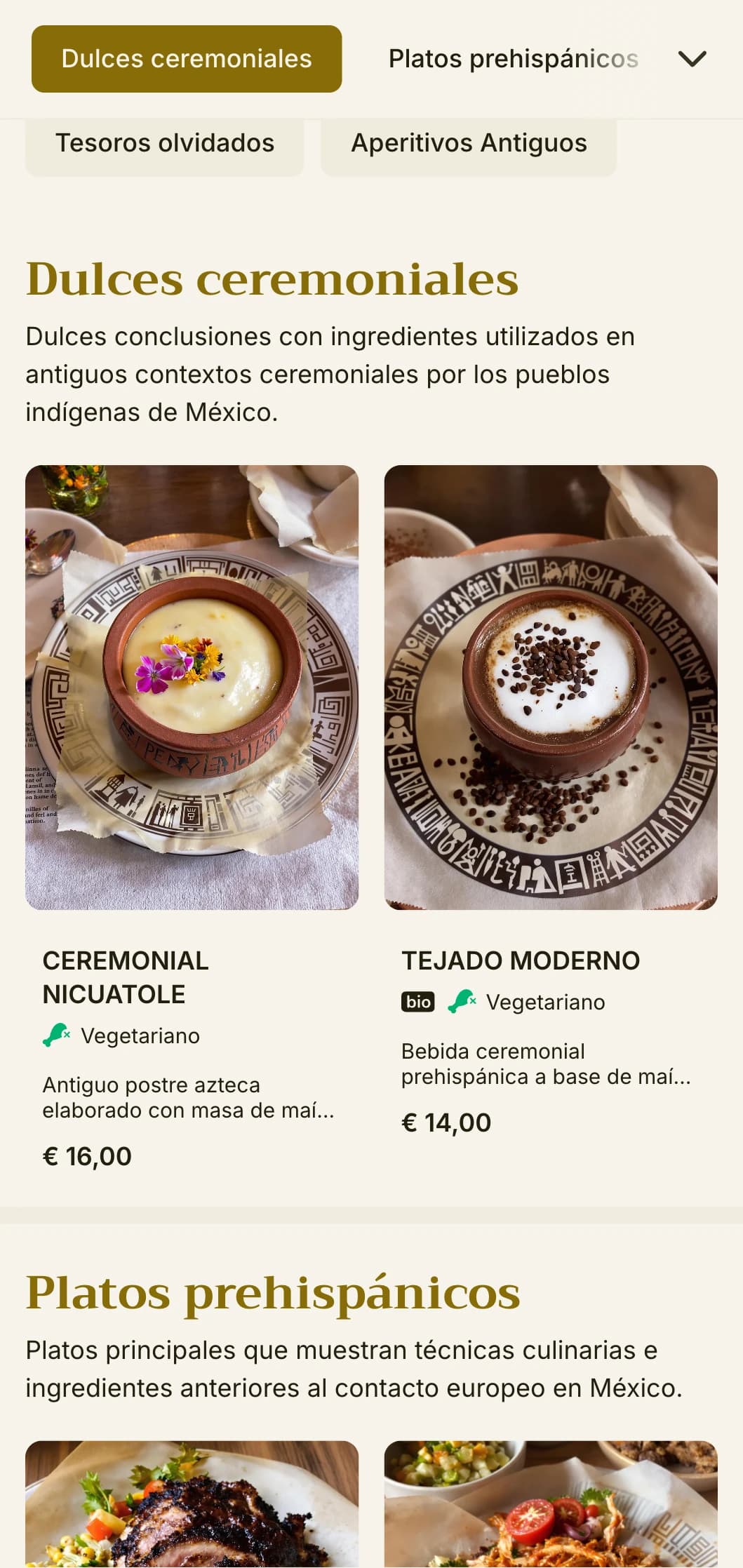 Menú sofisticado y didáctico con ingredientes mexicanos antiguos, toques dorados y técnicas culinarias prehispánicas.