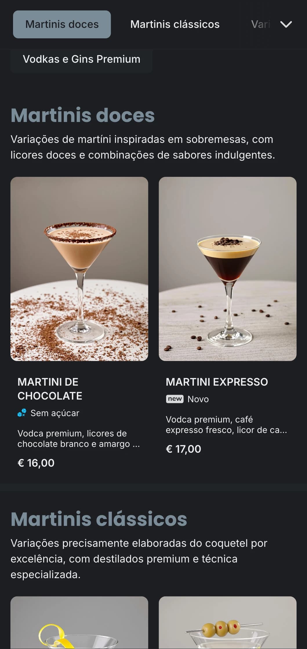Um design de cardápio urbano e sofisticado para bares e lounges de martini com tipografia elegante e tons de cinza frios.