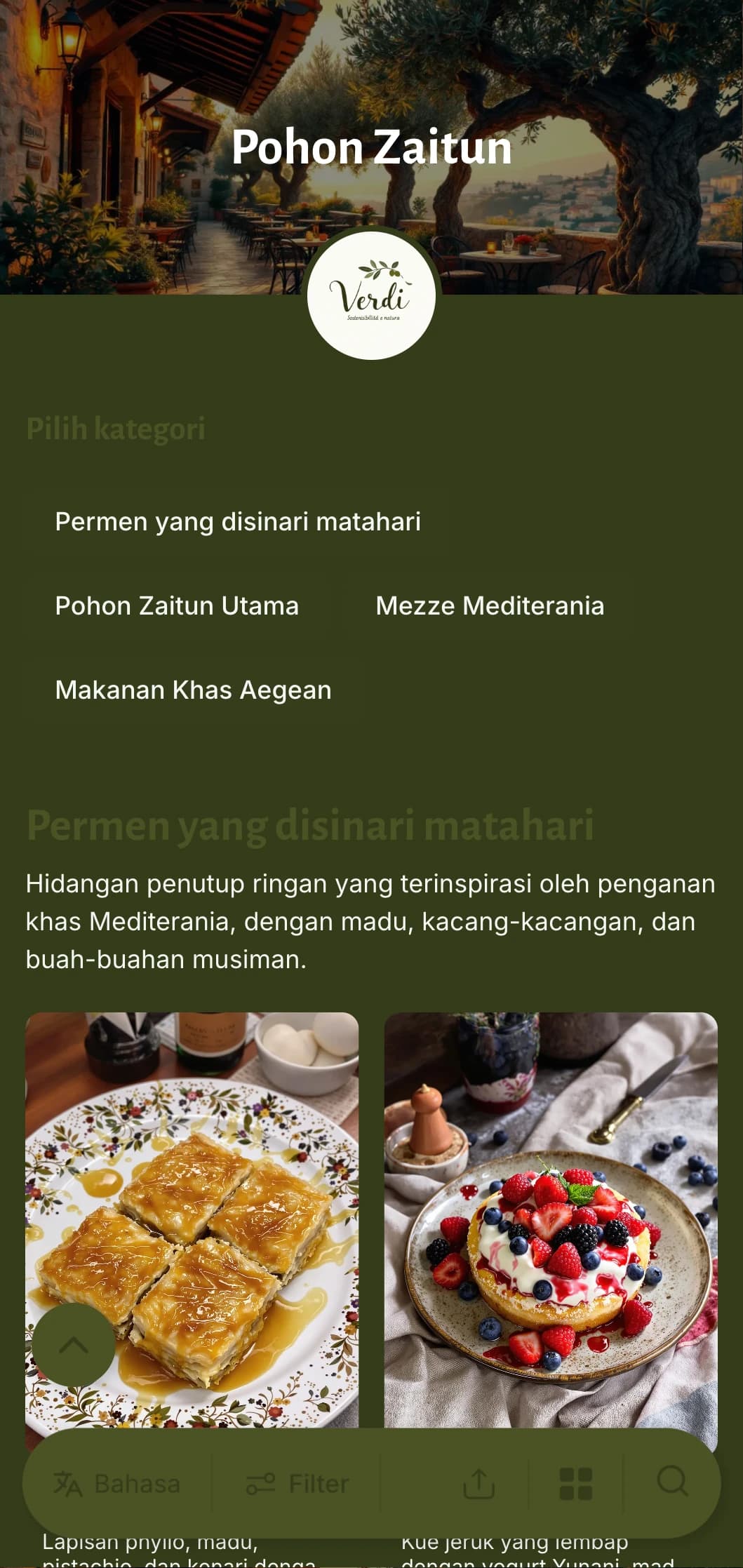 Menu makan malam yang terinspirasi dari Mediterania yang menampilkan warna hijau zaitun dan elemen pedesaan, cocok untuk masakan Yunani atau Mediterania.