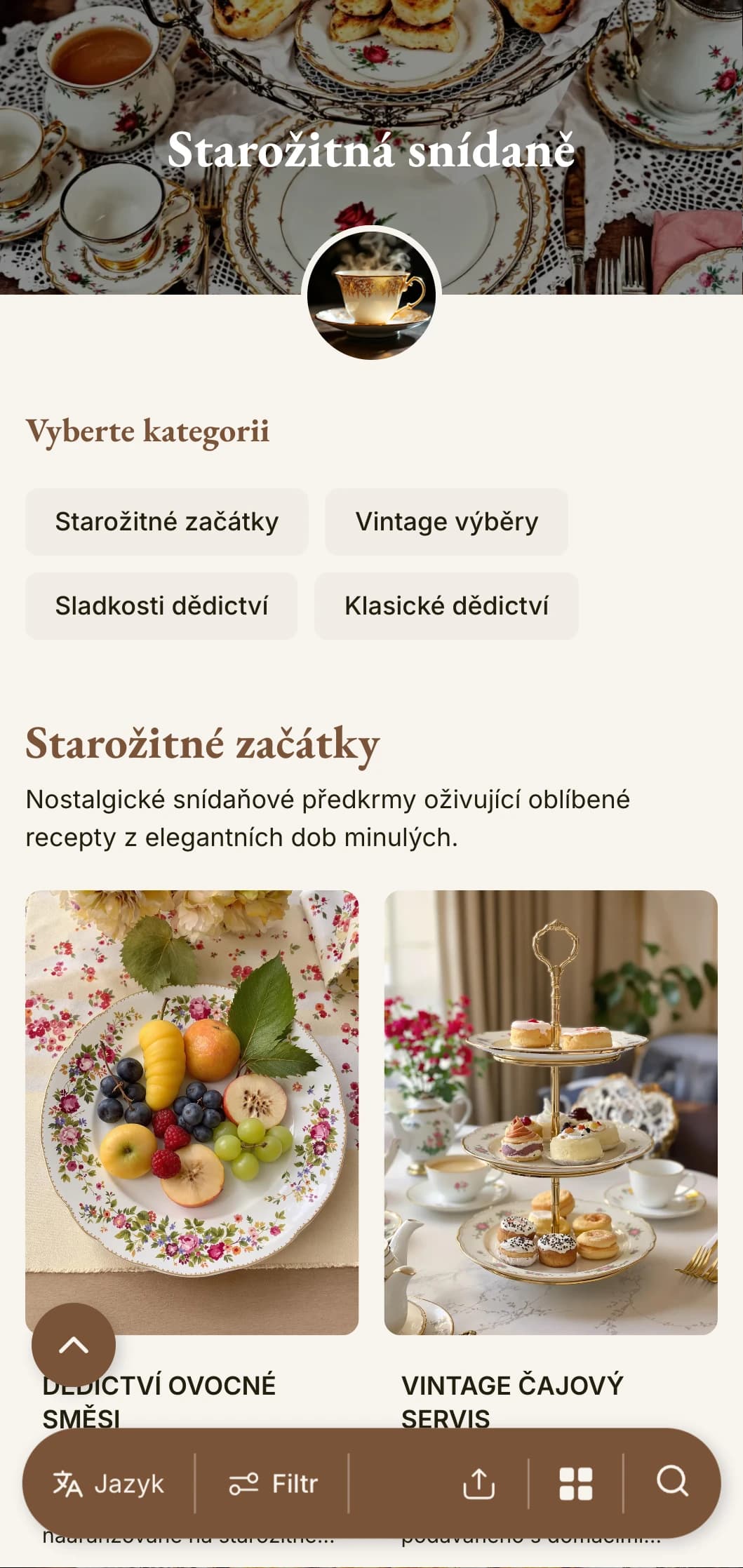 Nostalgické ranní výběry inspirované zděděnými recepty, prezentované s vintage šarmem a klasickou elegancí.