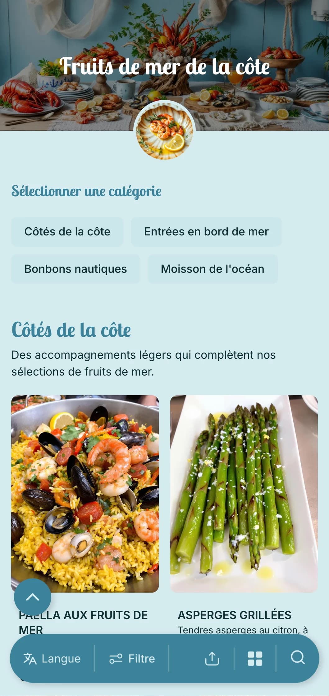 Service de traiteur axé sur les produits de la mer frais, mettant en valeur les prises de l'océan, les éléments nautiques et la présentation côtière pour les événements de plage et les amateurs de produits de la mer.