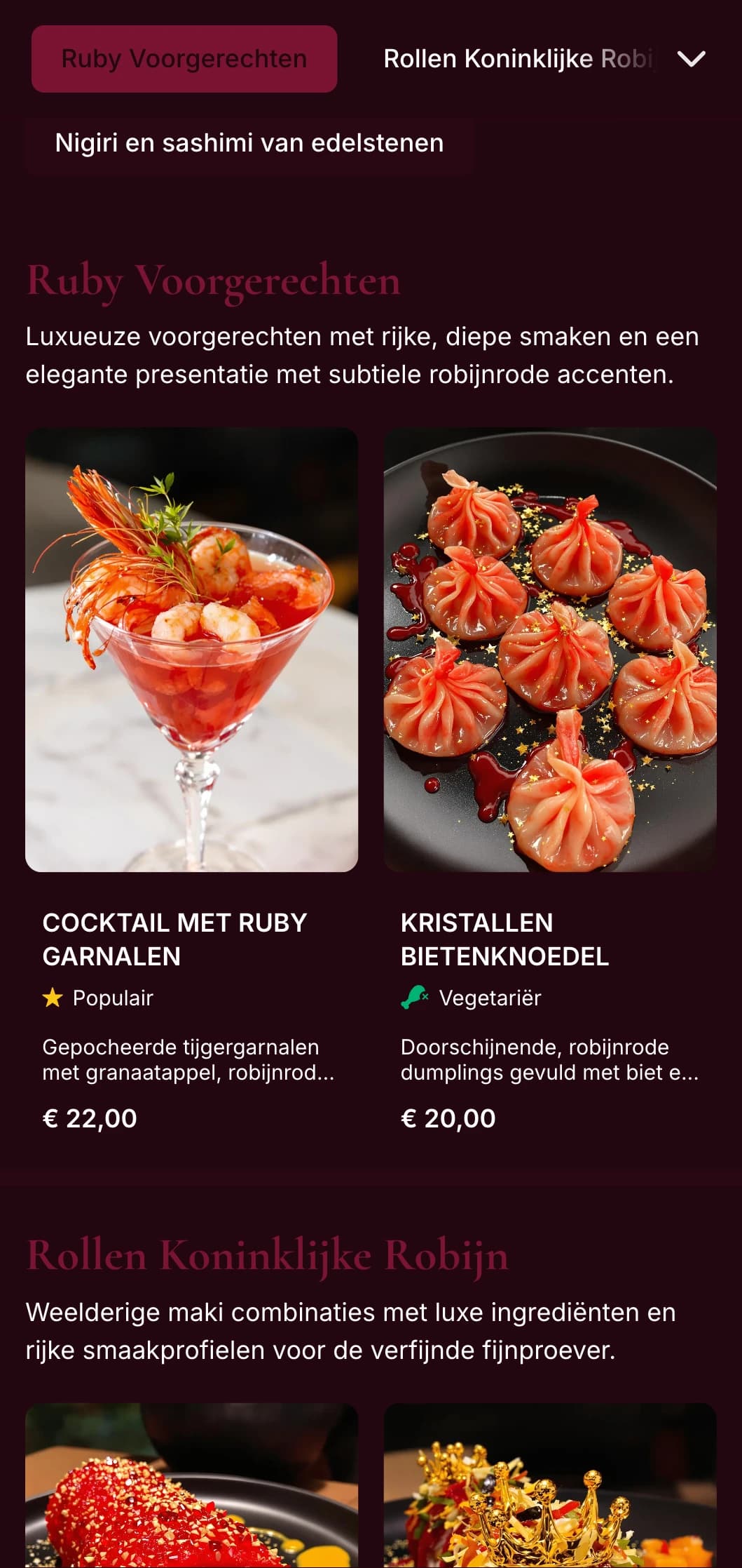 Rijk, diep rood-geïnspireerd sushi-menu met luxe robijnrode tinten voor eersteklas Aziatische fusionrestaurants.
