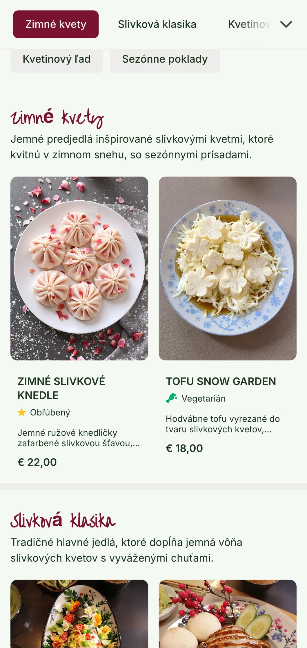 Svieži dizajn čínskeho menu inšpirovaný slivkovými kvetmi s jemnými vzormi pre sezónnu zimnú a jarnú kuchyňu.