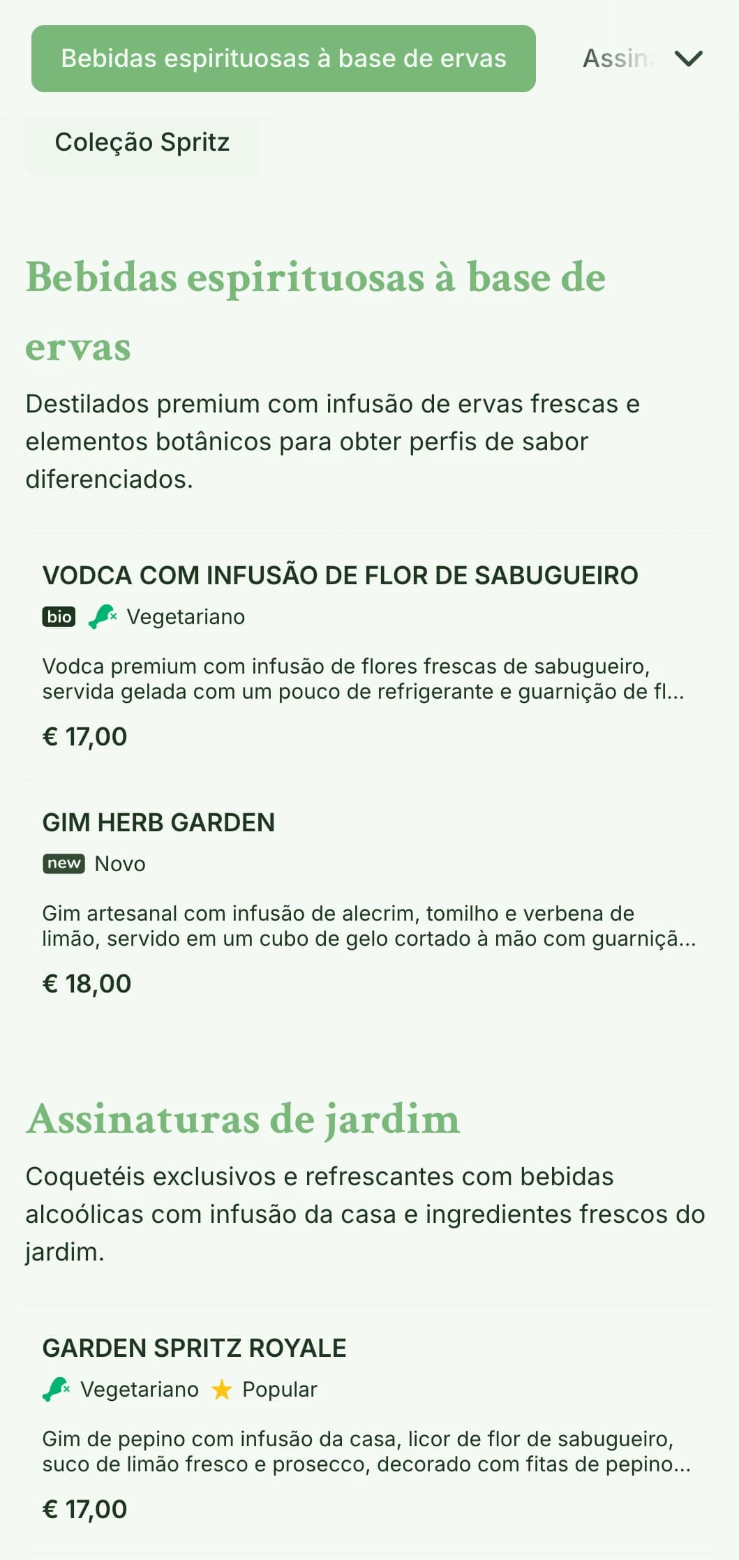 Um design fresco, inspirado em jardins, para bares especializados em spritzers e coquetéis botânicos frescos, com tipografia leve e arejada.