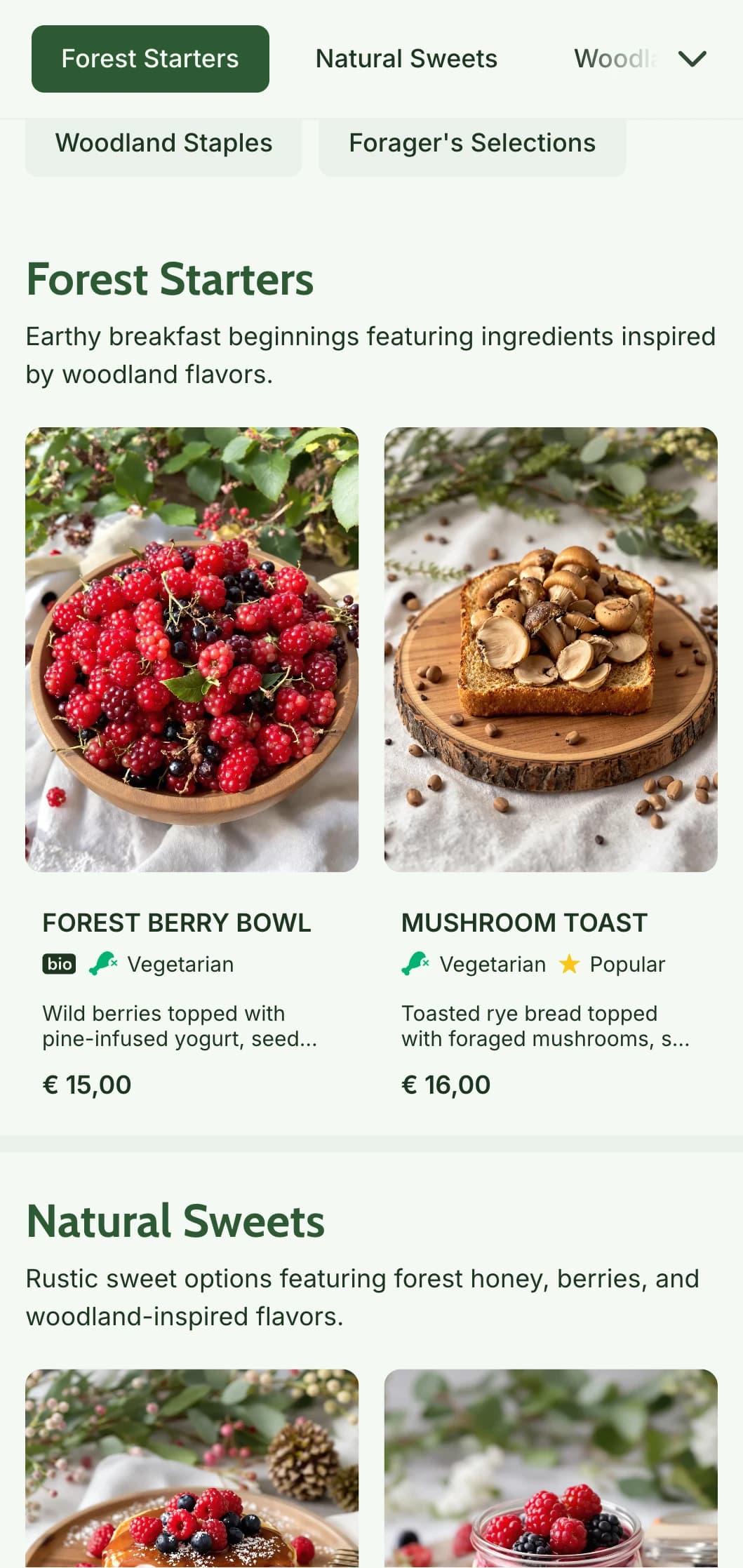 Earthy breakfast selections inspired by woodland ingredients and presented in a rustic, forager-friendly style.