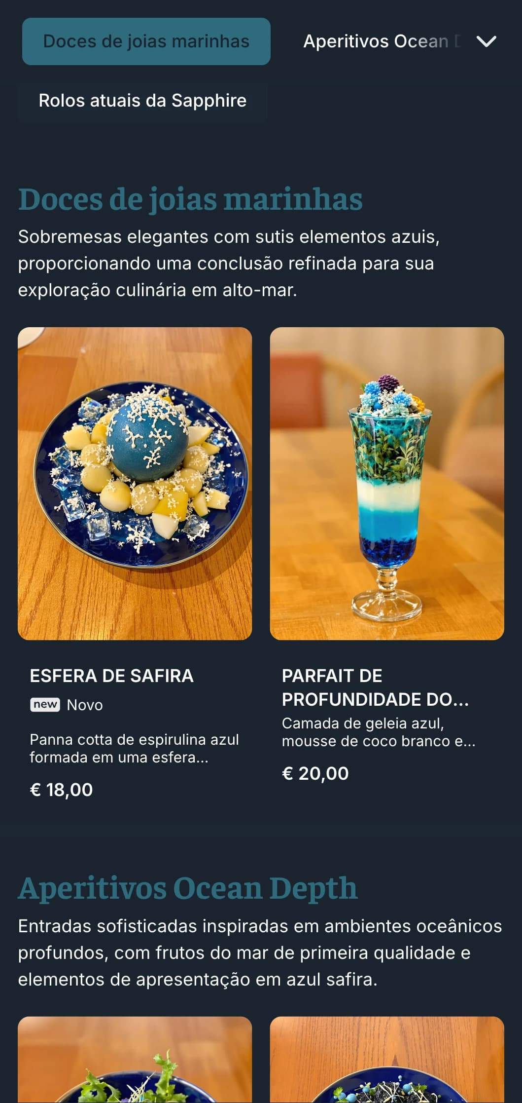 Menu de sushi inspirado no oceano azul profundo, com ricos tons de safira para restaurantes de frutos do mar premium.