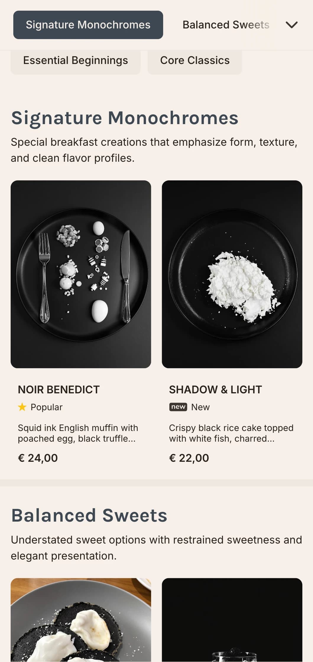 Sleek, stylish breakfast options presented in a striking monochromatic palette for the design-conscious diner.