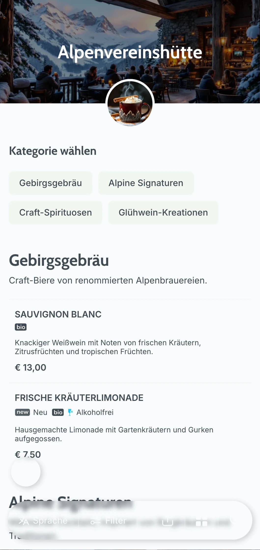 Cooles grau-blaues Design, inspiriert von Berghütten für Après-Ski-Bars.
