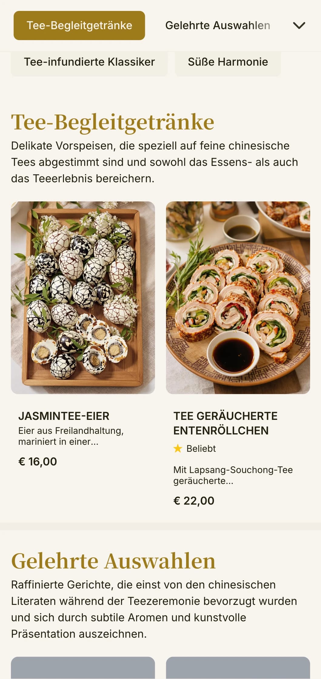 Raffiniertes chinesisches Menüdesign, inspiriert von der traditionellen Teezeremonie, mit eleganter Typografie und klassischen Elementen für Teepaarungen.