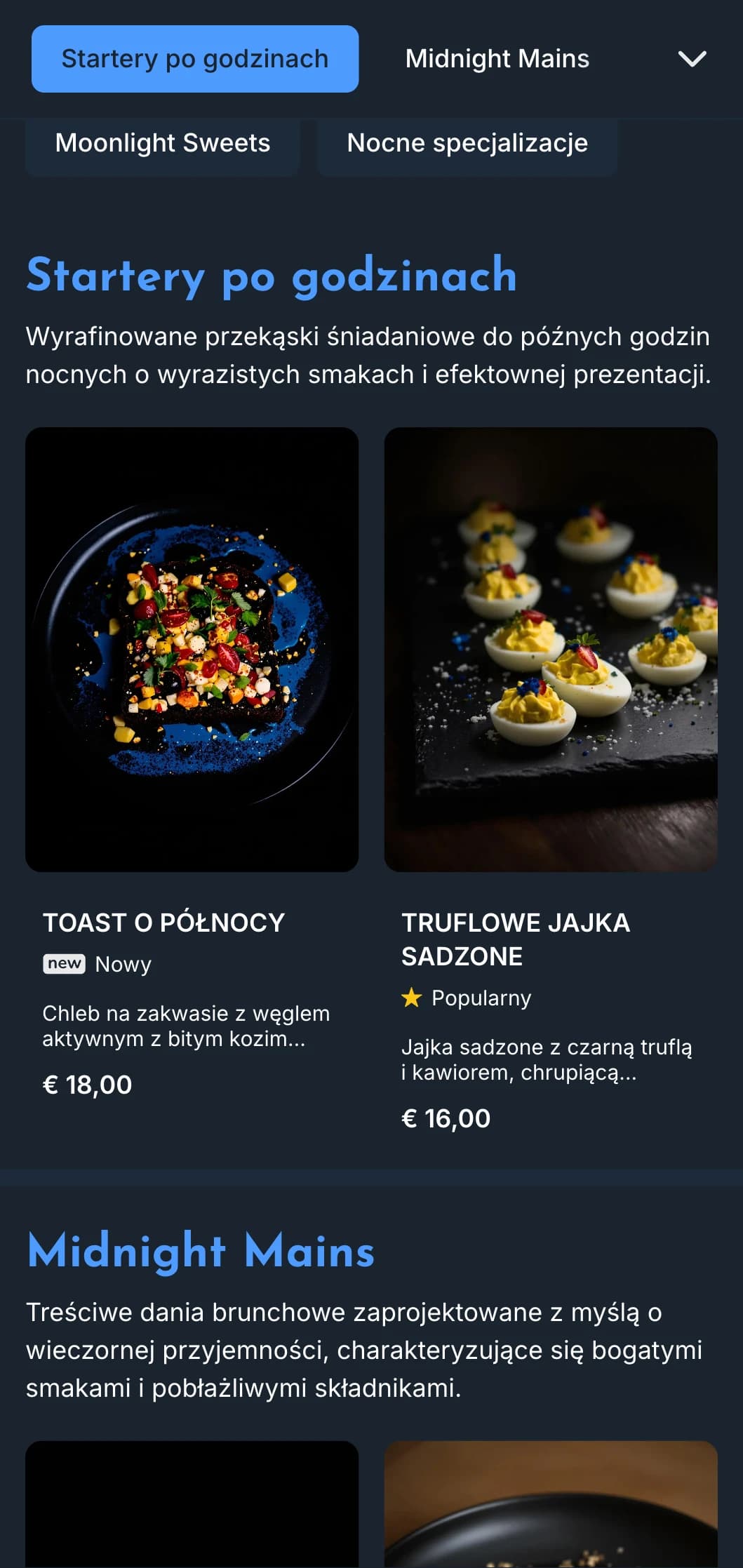 Głęboki niebieski szablon z jasnymi akcentami, idealny do oferty brunchowej późnym wieczorem i kawiarni po godzinach.