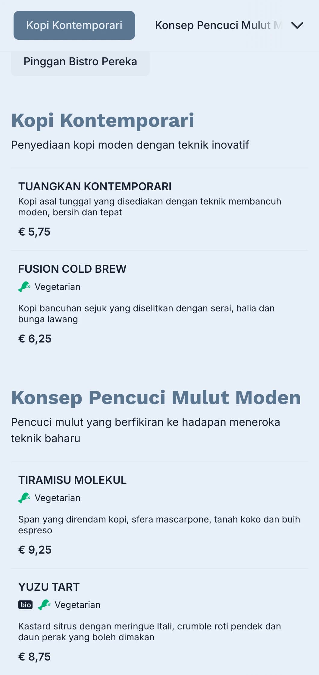 Reka bentuk kontemporari yang bersih dengan aksen teal untuk bistro moden dan kafe gabungan.