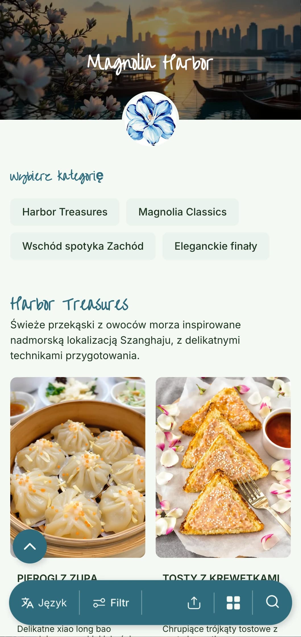 Eleganckie chińskie menu inspirowane kuchnią szanghajską i estetyką portową, z kwiatowymi akcentami dla wyrafinowanych posiłków.