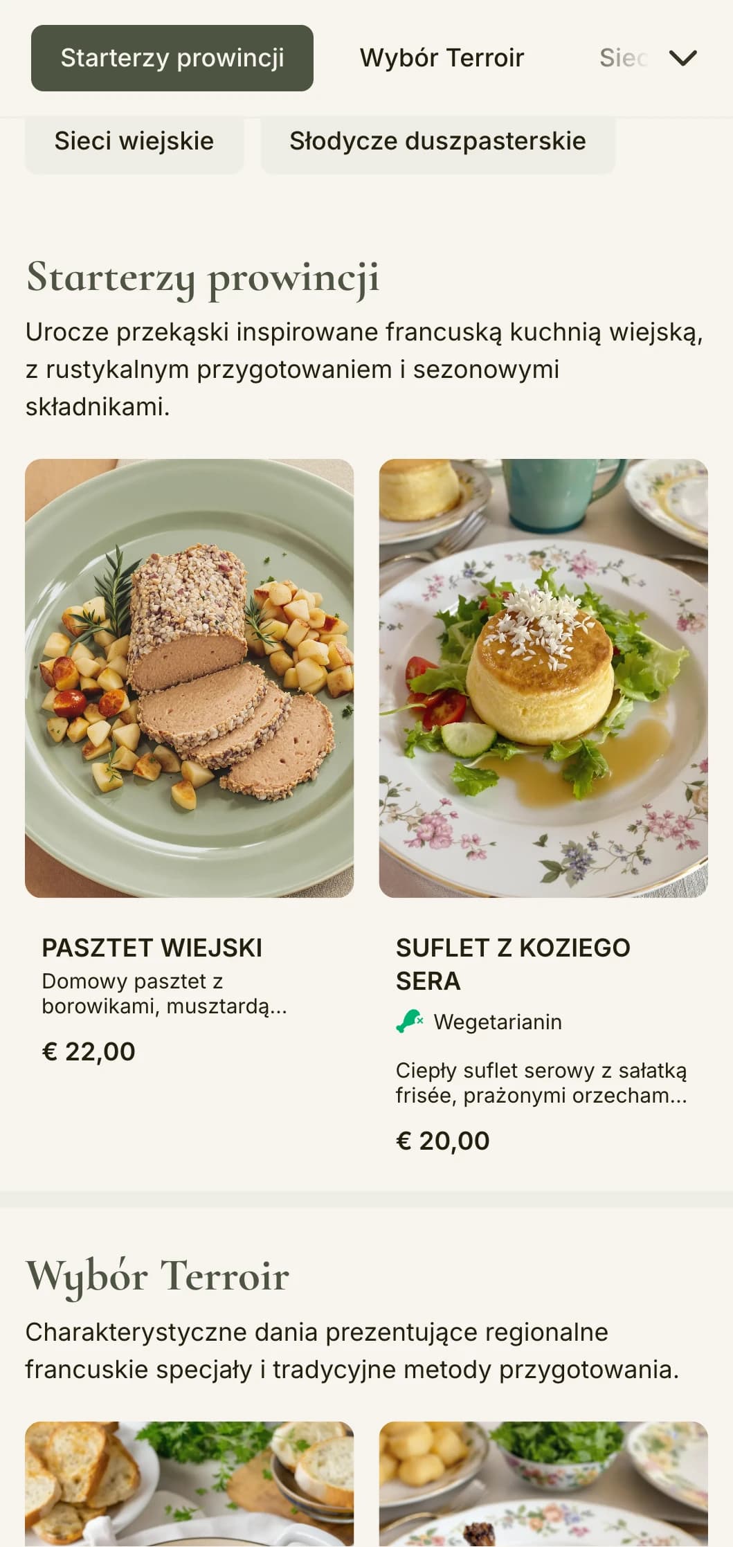 Urocze menu obiadowe inspirowane estetyką francuskiej wsi, z szałwiową zielenią i rustykalną elegancją.
