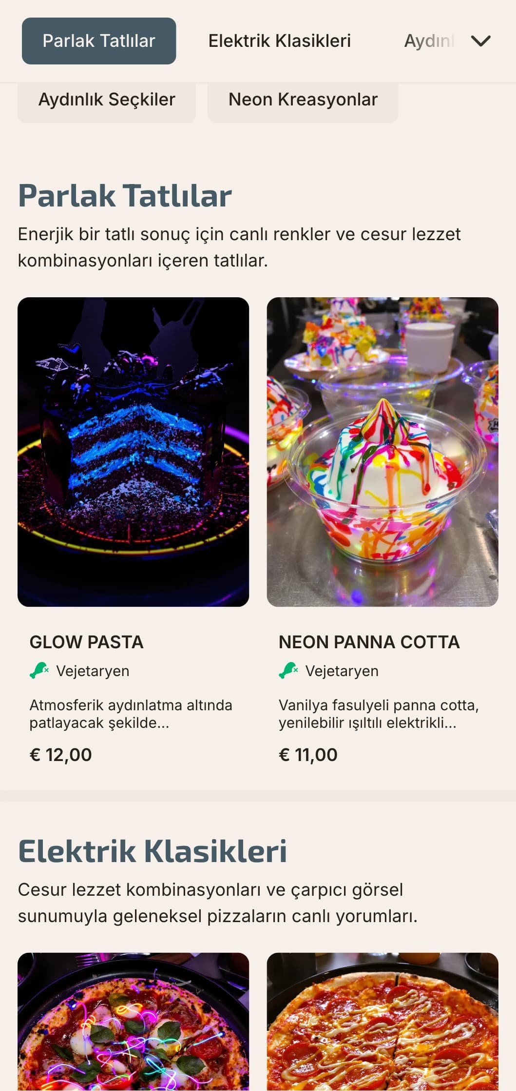 Neon renk vurguları ve modern şehir estetiği ile çağdaş pizza menüsü.
