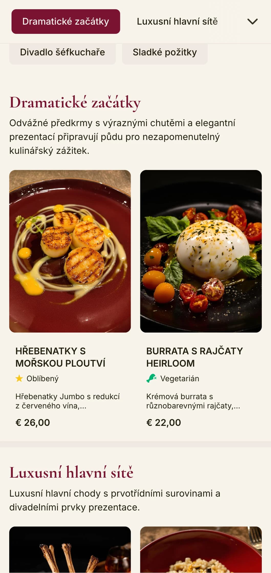 Odvážné a dramatické menu k večeři v sytě červených tónech a s luxusními prvky je určeno pro luxusní restaurace s divadelní atmosférou.