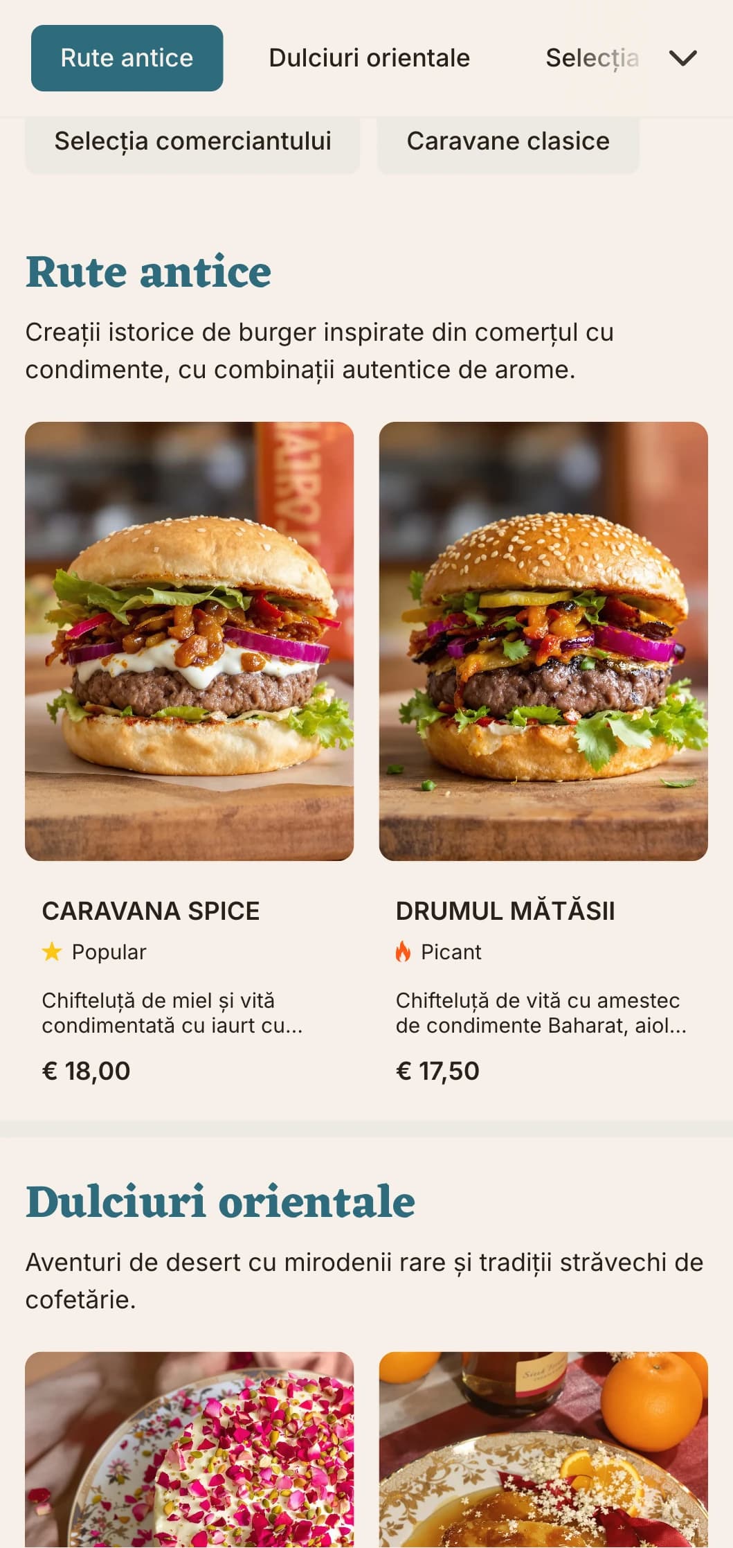 Meniu de burger inspirat de rutele comerciale antice, cu combinații de arome istorice.