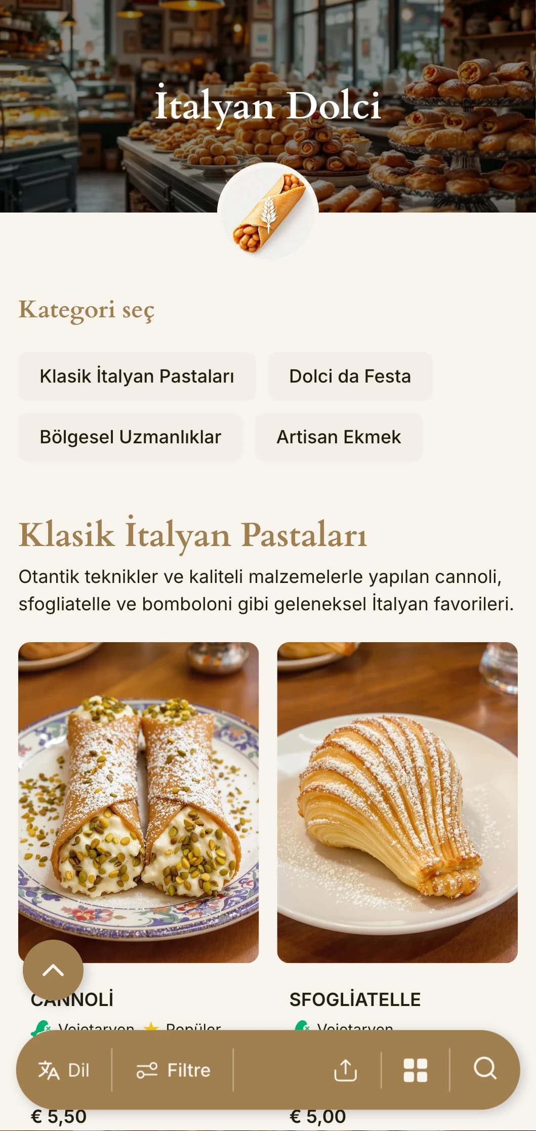 İtalyan pastaneleri ve tatlı kafeleri için ideal, toprak tonları ve geleneksel tipografi ile sıcak, Akdeniz esintili bir fırın menüsü tasarımı.