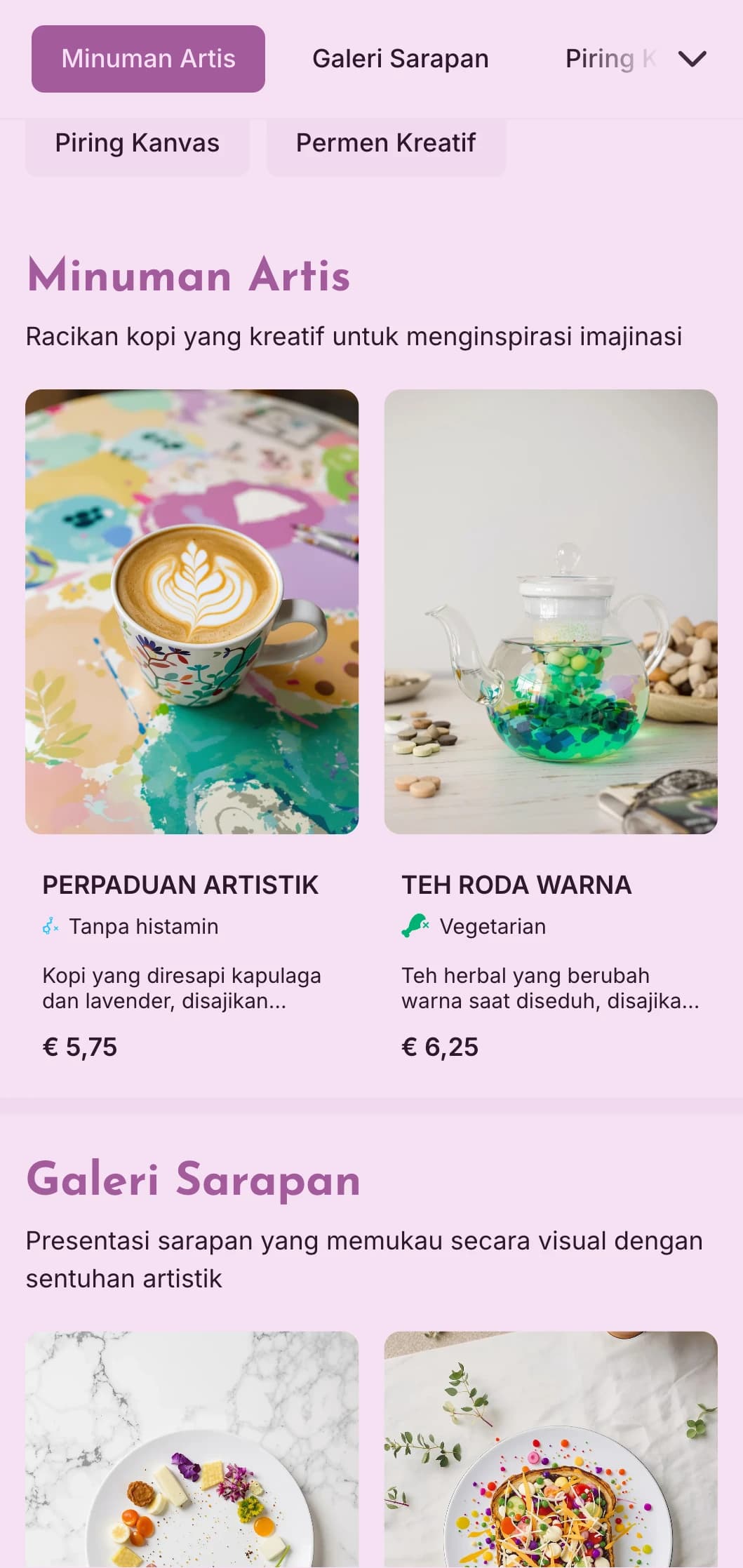 Desain ungu yang kreatif dengan elemen artistik untuk kafe galeri dan ruang kreatif.