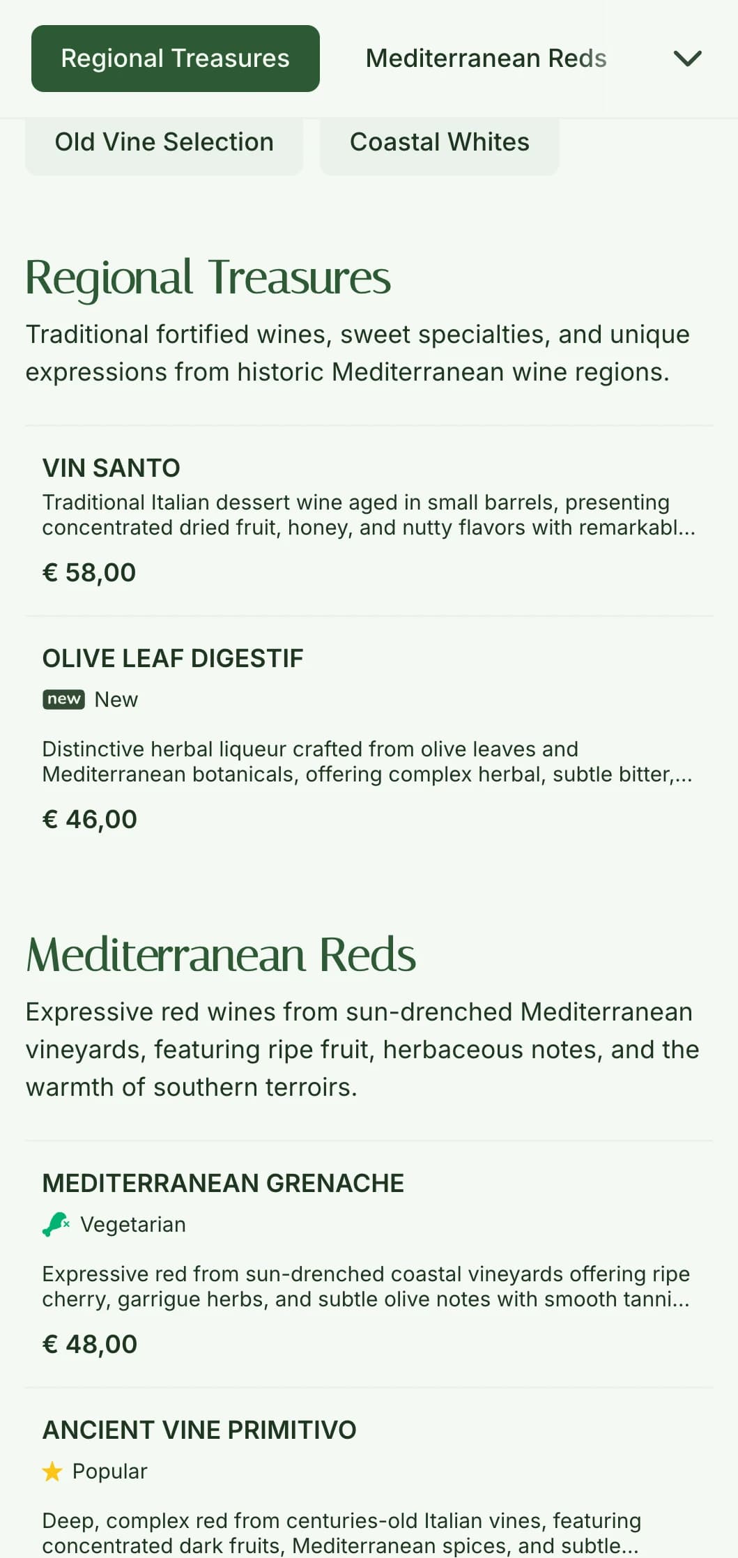 Mediterranean olive-themed wine list template with earthy green tones, perfect for rustic Italian restaurants and wine gardens.