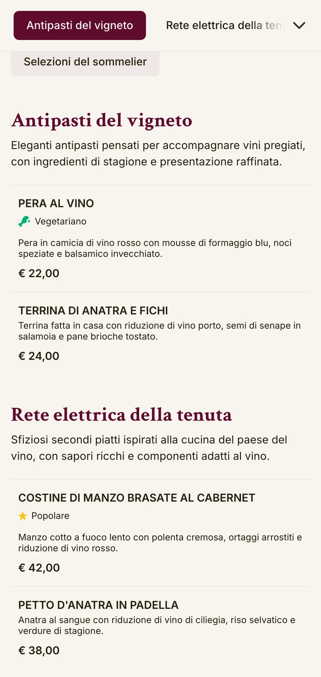 Un sofisticato menu per la cena con colori ispirati al vino e una tipografia elegante, pensato per i locali con un ampio programma di vini.
