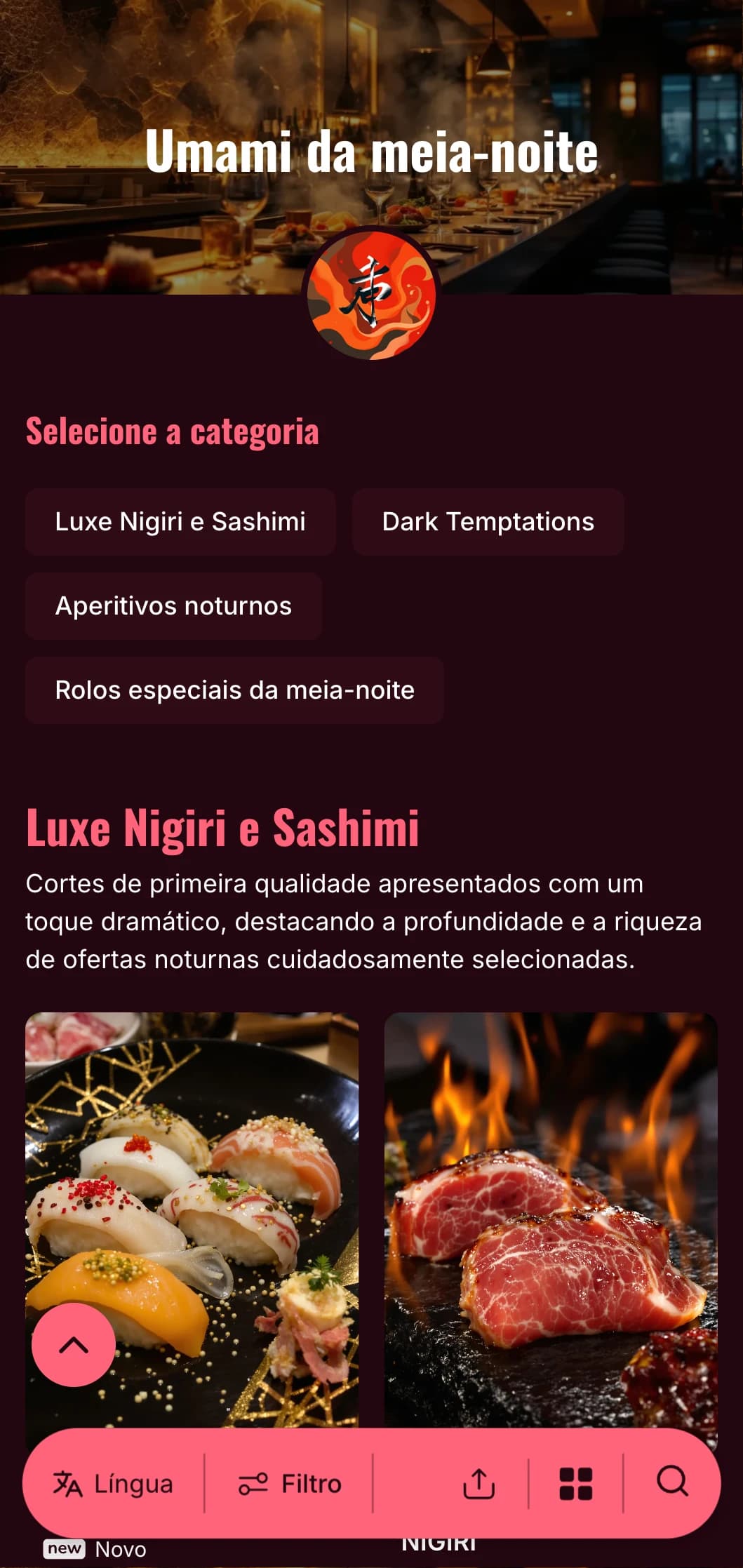 Uma experiência luxuosa de sushi tarde da noite com contrastes ousados, com detalhes ricos em bordô e brilhantes em um fundo profundo.