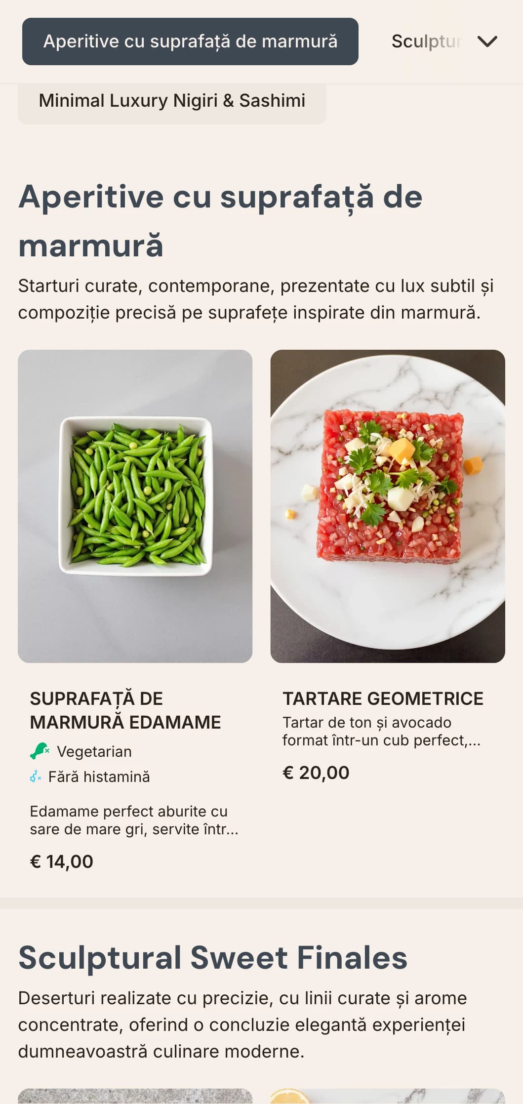 Meniu sushi contemporan luxos, cu texturi subtile de marmură și design minimalist curat.