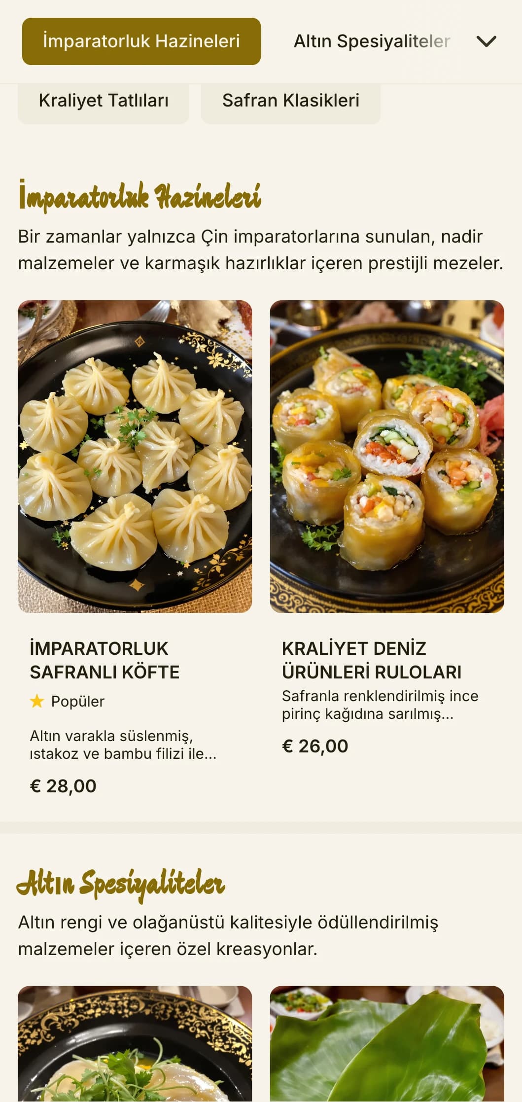 Kraliyet mutfağı deneyimleri için zengin unsurlar içeren, imparatorluk safran renklerinden ilham alan lüks Çin menüsü tasarımı.