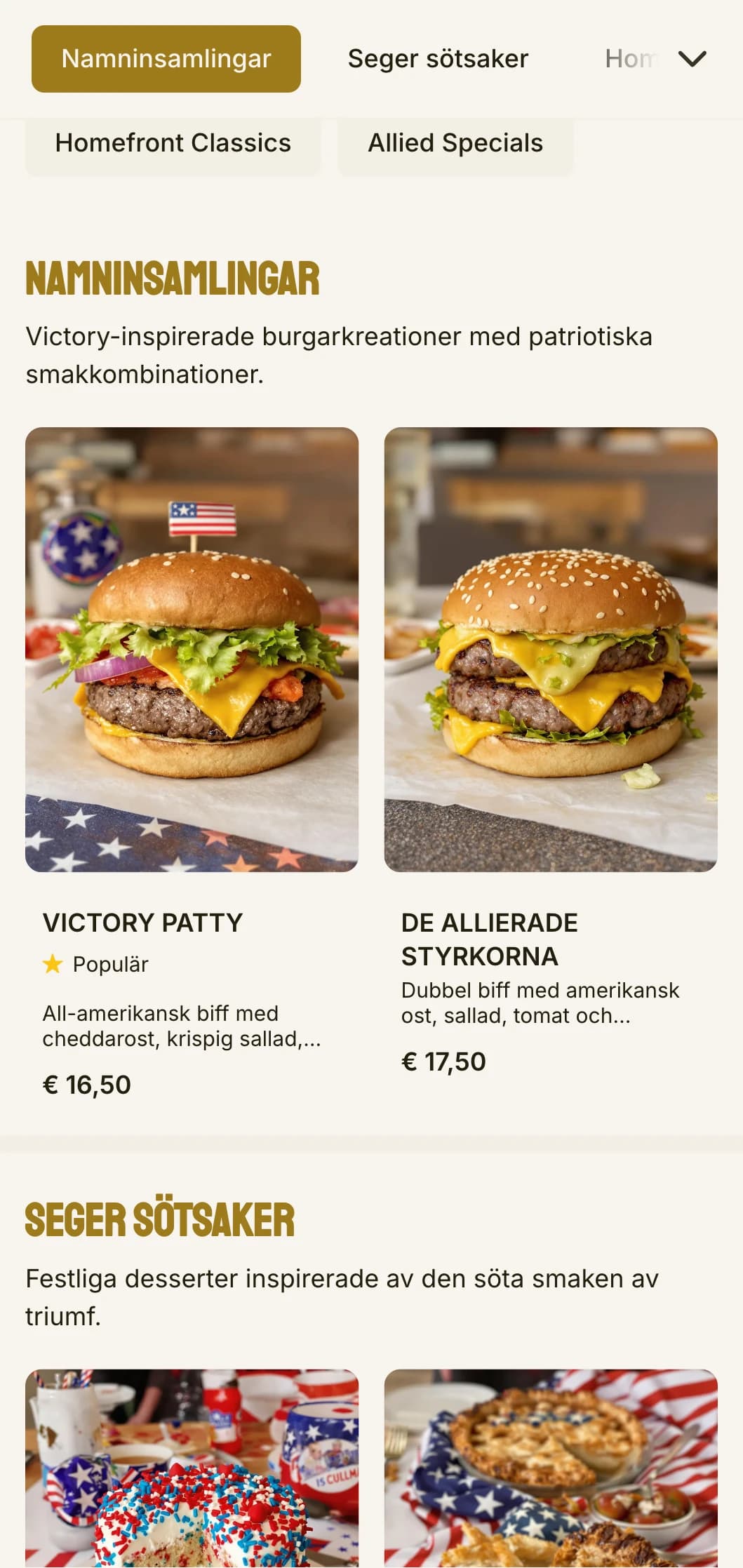Hamburgerrestaurang inspirerad av andra världskriget med segerträdgård och patriotiska inslag.